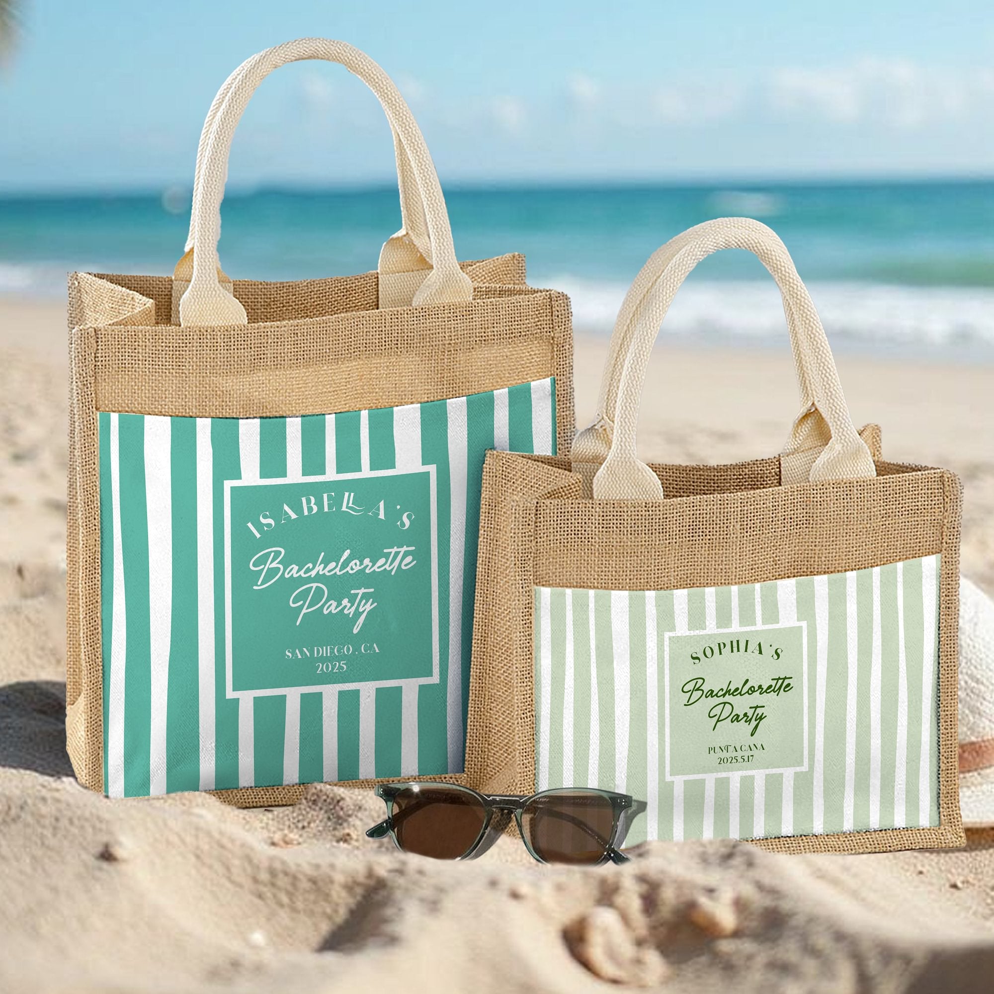 Bolsa de yute con nombre para despedida de soltero con diseño de rayas multicolor personalizada Accesorio de viaje Regalo de dama de honor para mujer