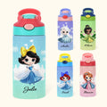Castillo de princesas de dibujos animados personalizado Botella de agua isotérmica para niños de 12 oz con asa y pajita de silicona Regalo de cumpleaños para niñas