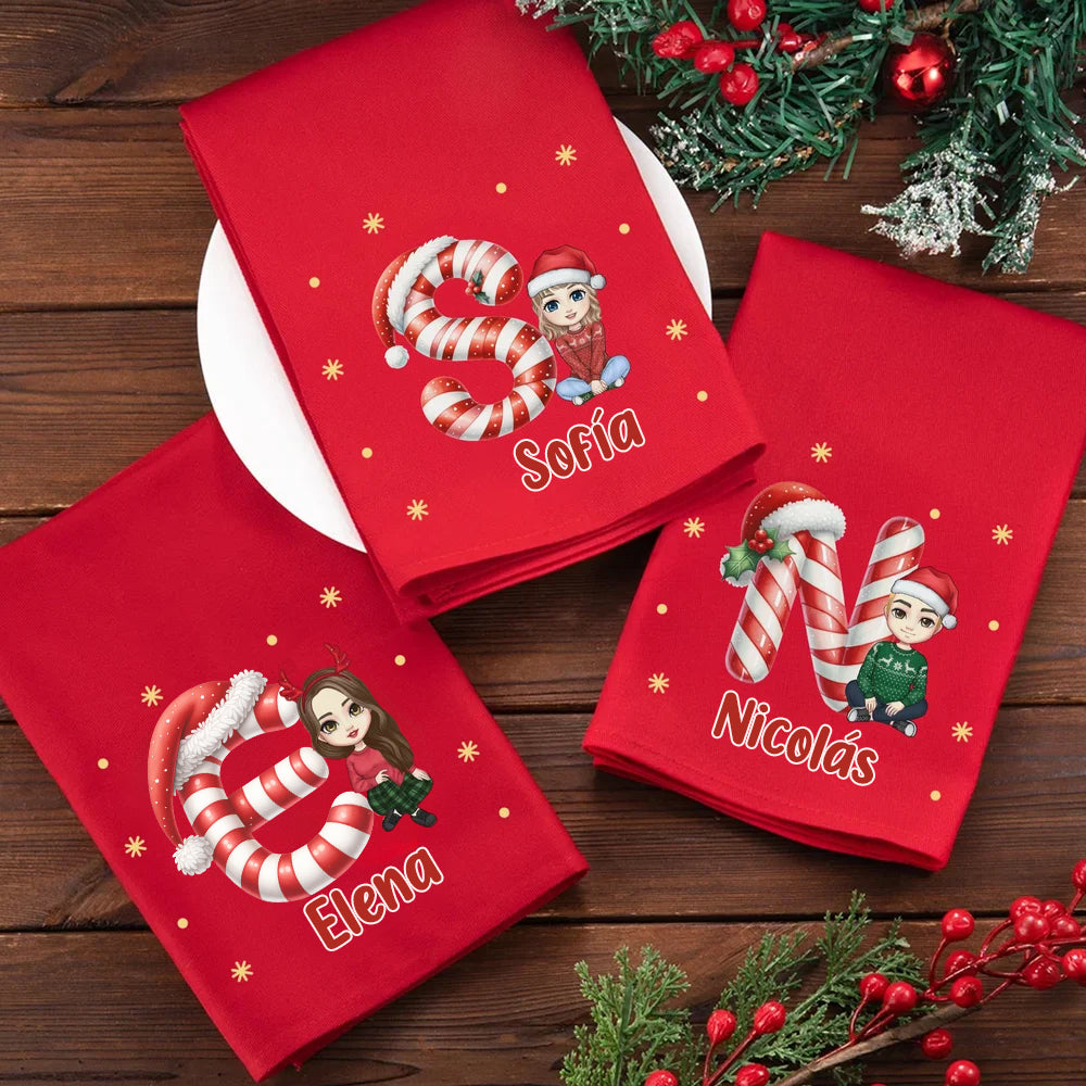 Servilleta personalizada de 100% algodón roja con personaje de dibujos animados inicial y nombre decoración de mesa regalo de Navidad para familia