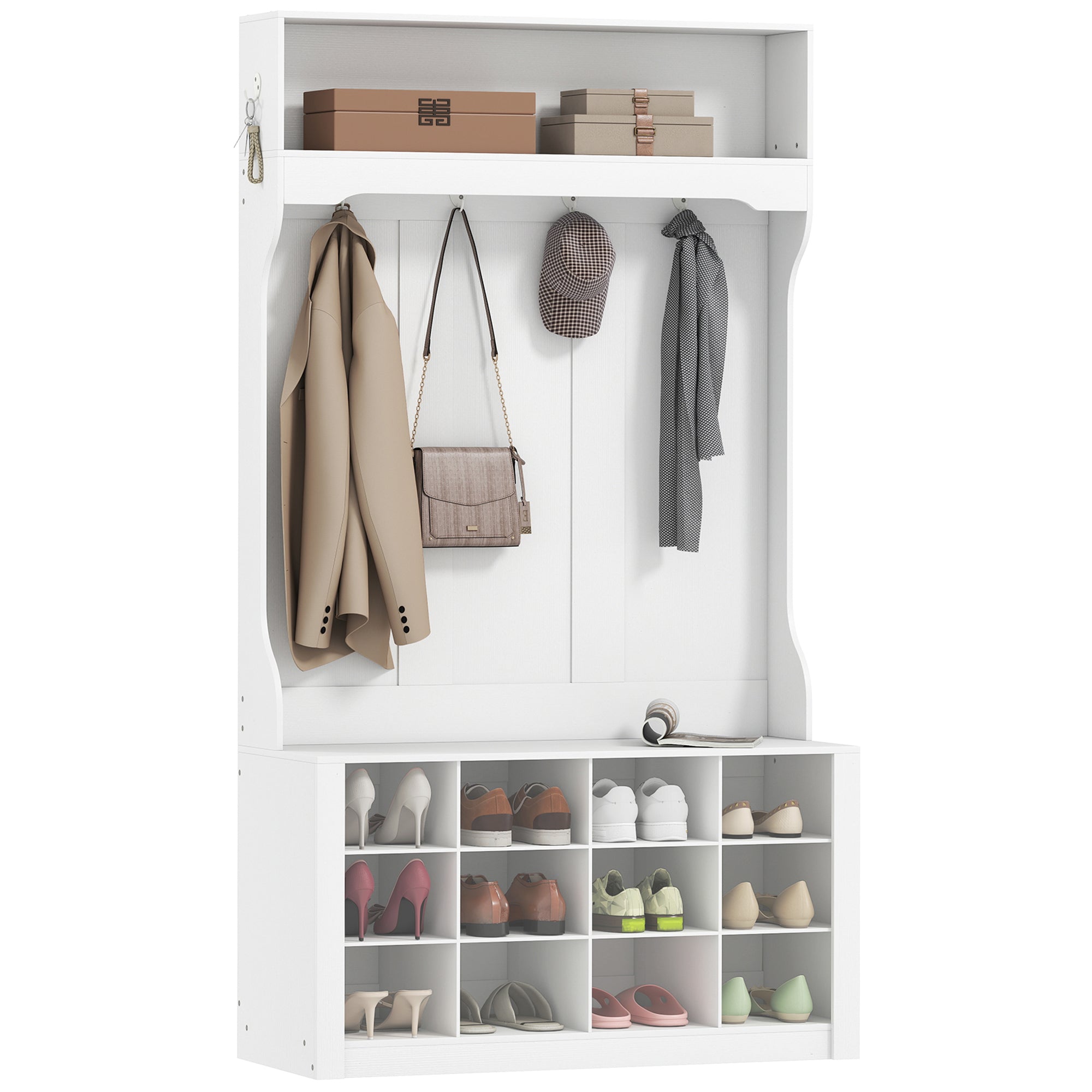 4-In-1 Hall Tree with Bench and Shoe Storage, Farmhouse Entryway Coat Rack Shoe Bench with 12 Shoe Cubbies, 6 Hooks and Open Shelf for Hallway, White