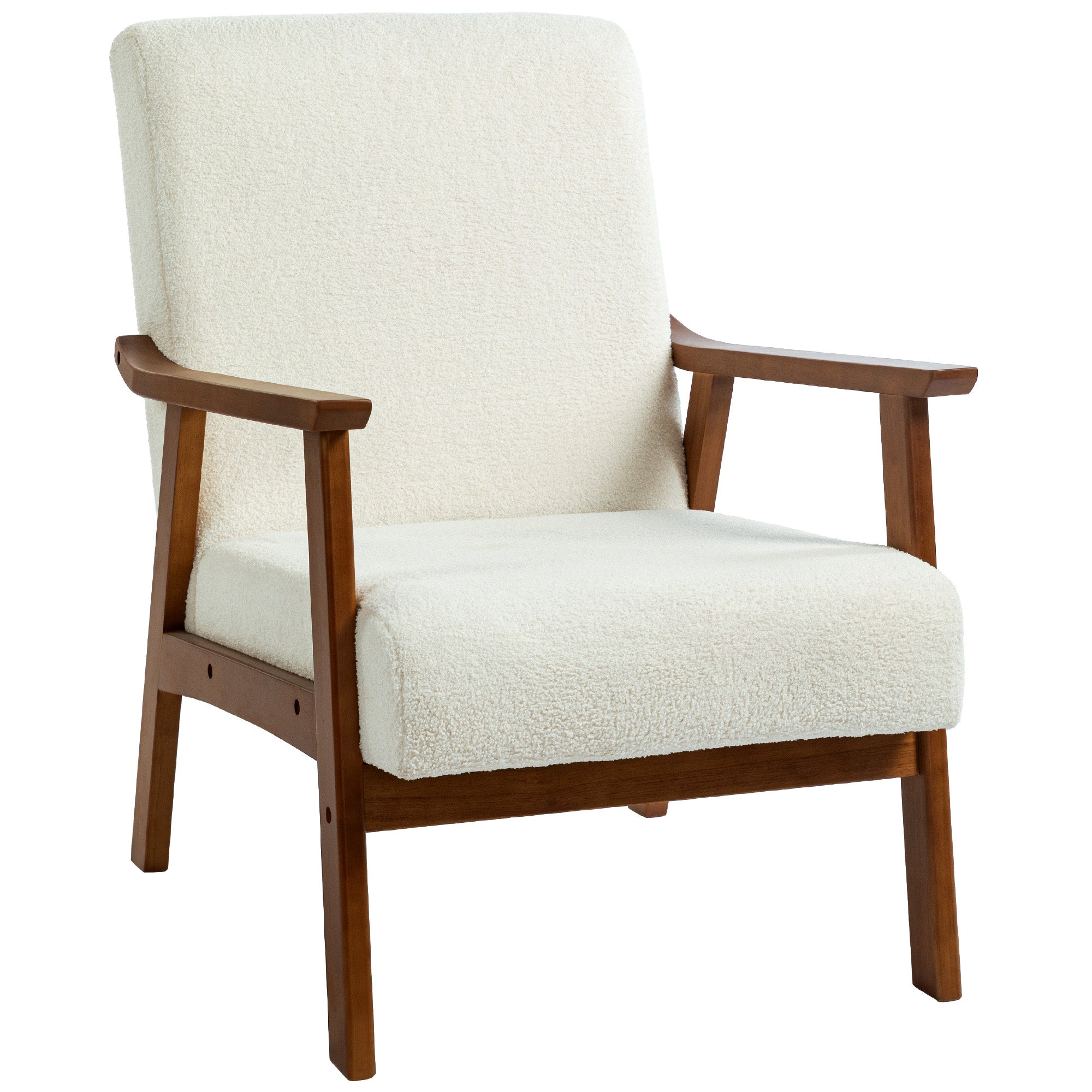 Wide Seat Boucle Accent Chair with Solid Wood Frame & Thick Padding White