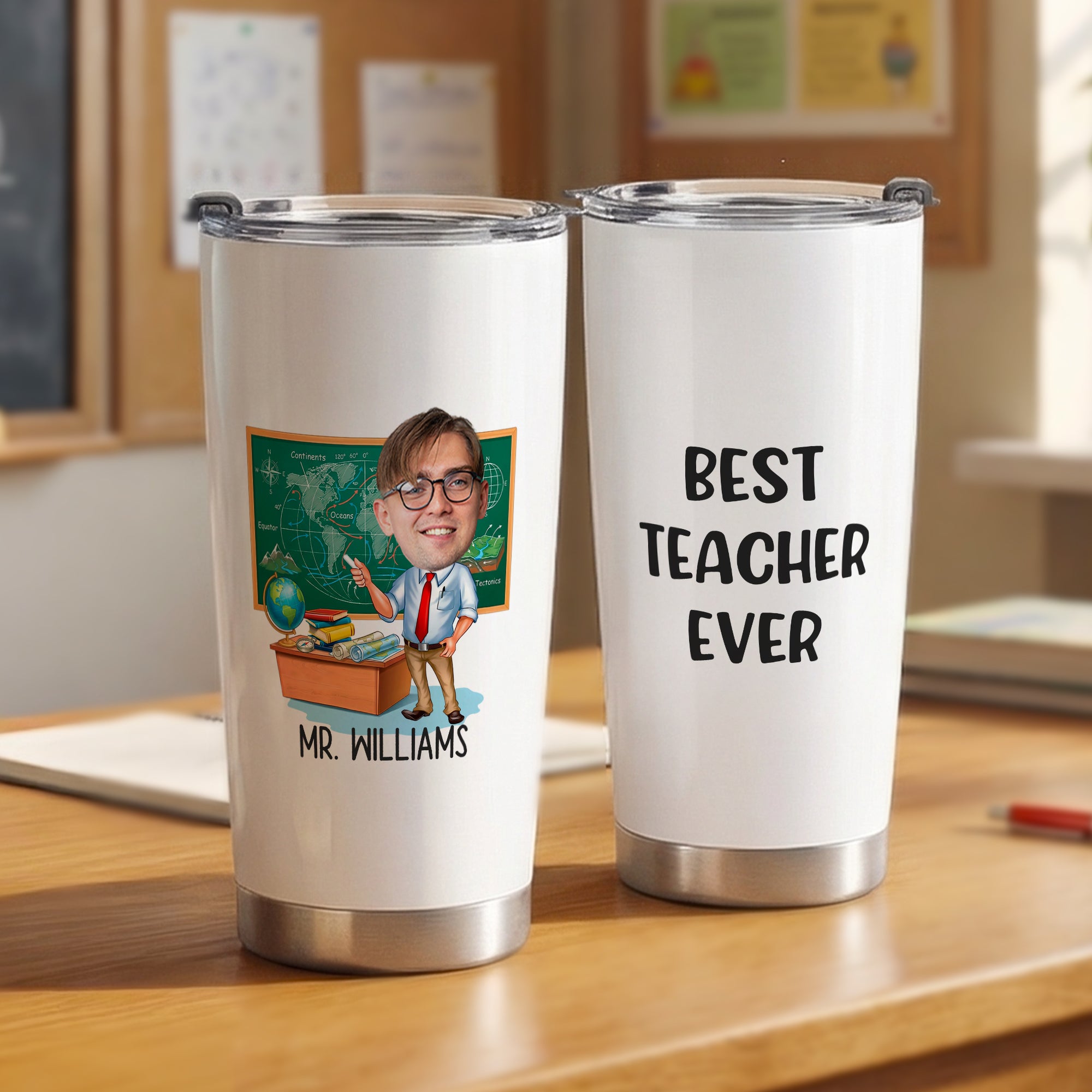 Personalizado Multicolor Cartoon Teacher Character Photo 20 oz Vaso con Nombre Día del Maestro Día de Acción de Gracias Regalo de cumpleaños para el profesor de sexo masculino
