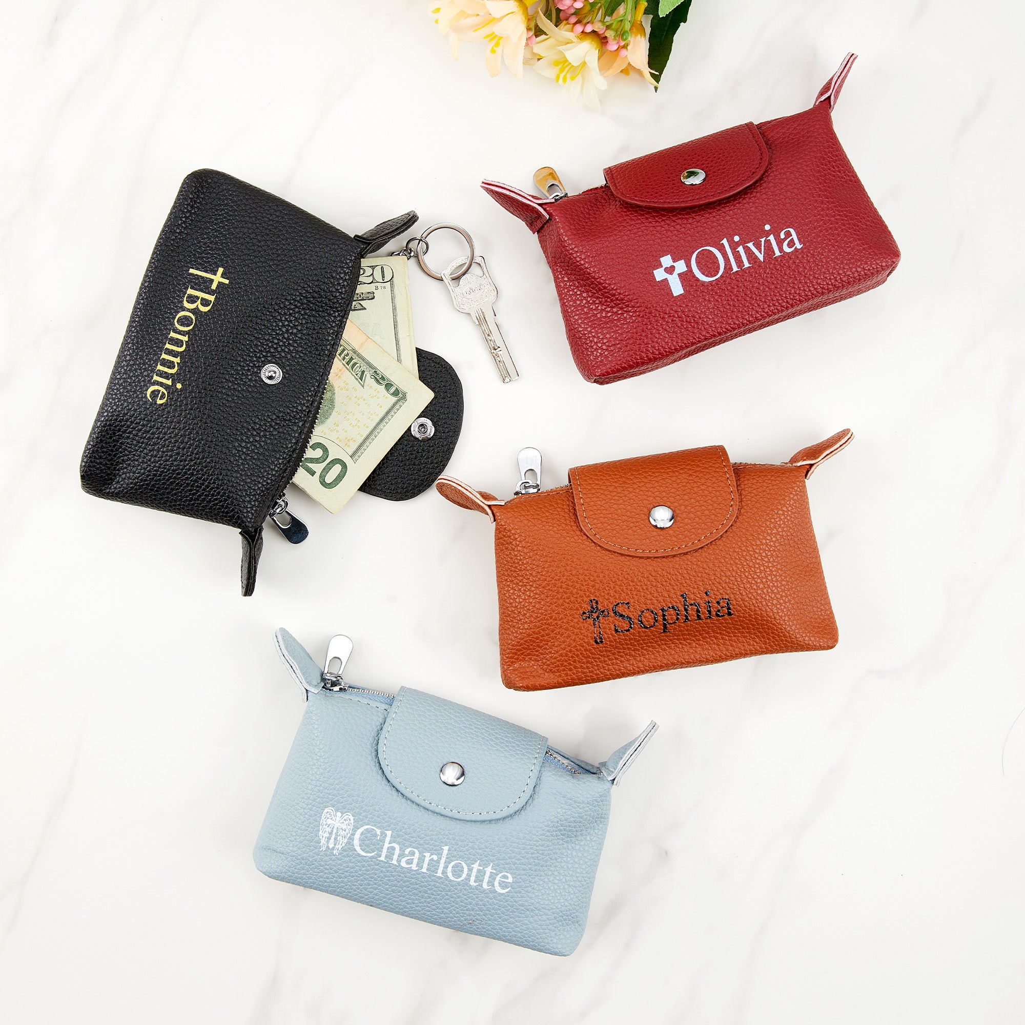 Cruz personalizado portátil de cuero de la PU de la moneda de la bolsa de efectivo con el texto y llavero de la ducha de novia de bautismo de regalo de cumpleaños para los cristianos