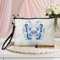 Bolsa de maquillaje de lino azul personalizada con nombre y correa para la muñeca Regalo de cumpleaños de boda para damas de honor femeninas