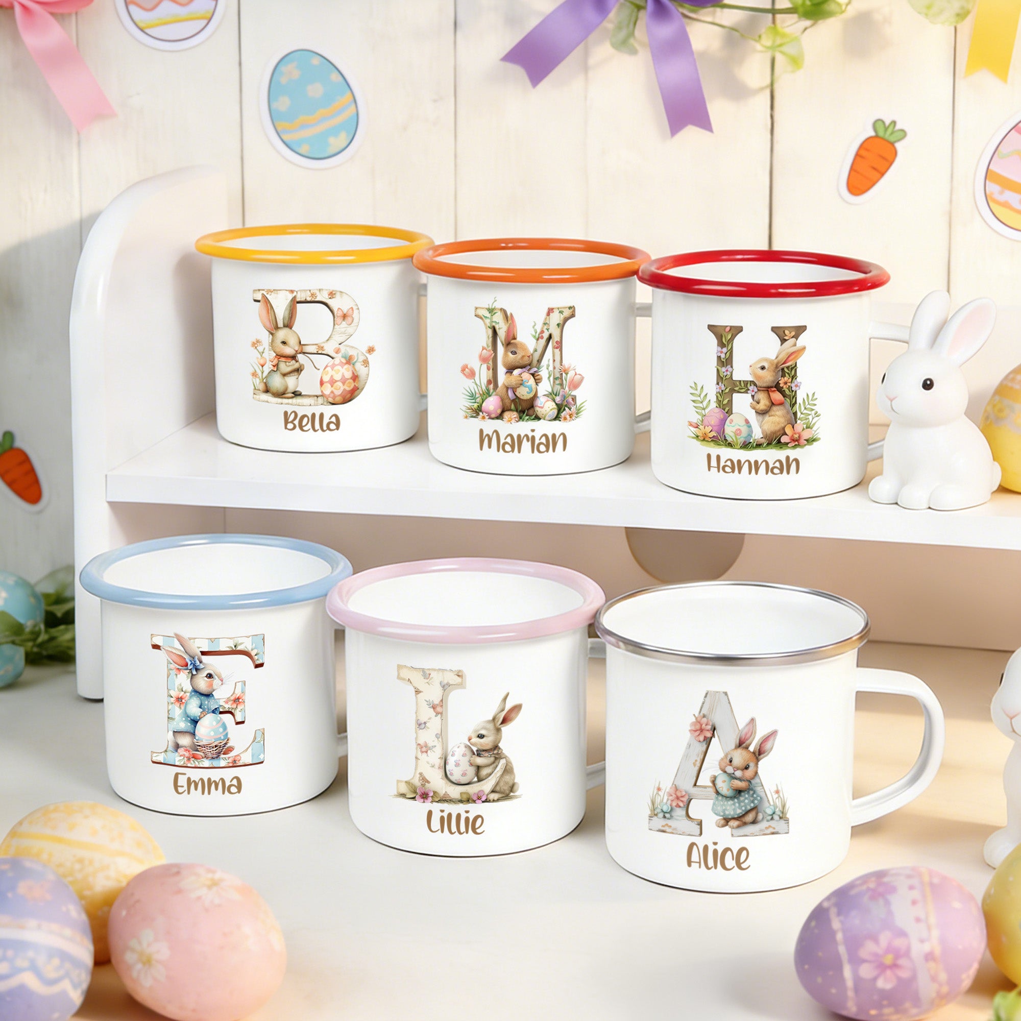 Taza esmaltada personalizada de 12 oz con la inicial y el nombre del conejito de Pascua lindo regalo de la fiesta de Pascua para los niños