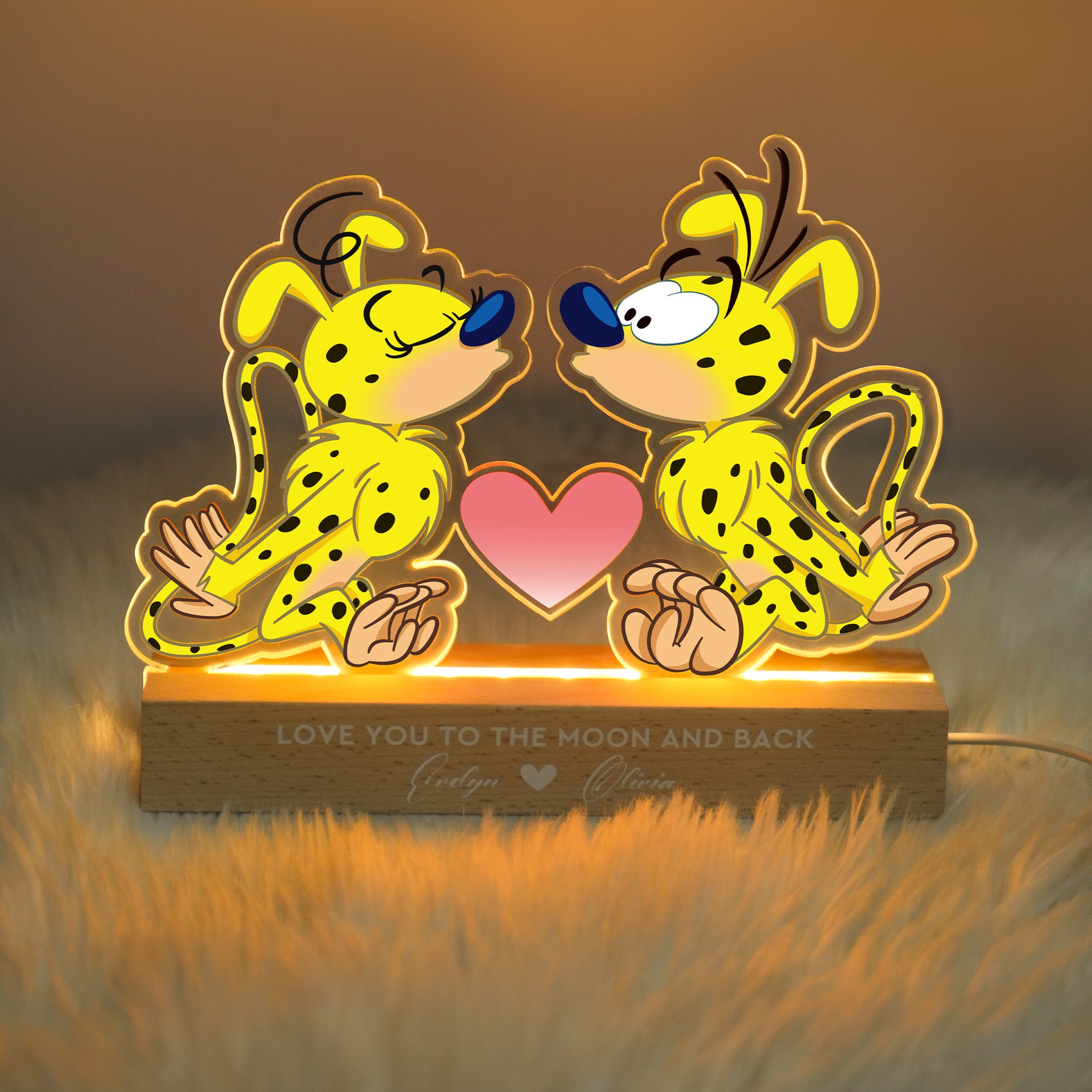 Lámpara de noche LED personalizada con nombre y texto para parejas de Marsupilami de cola larga | Callie × Marsupilami