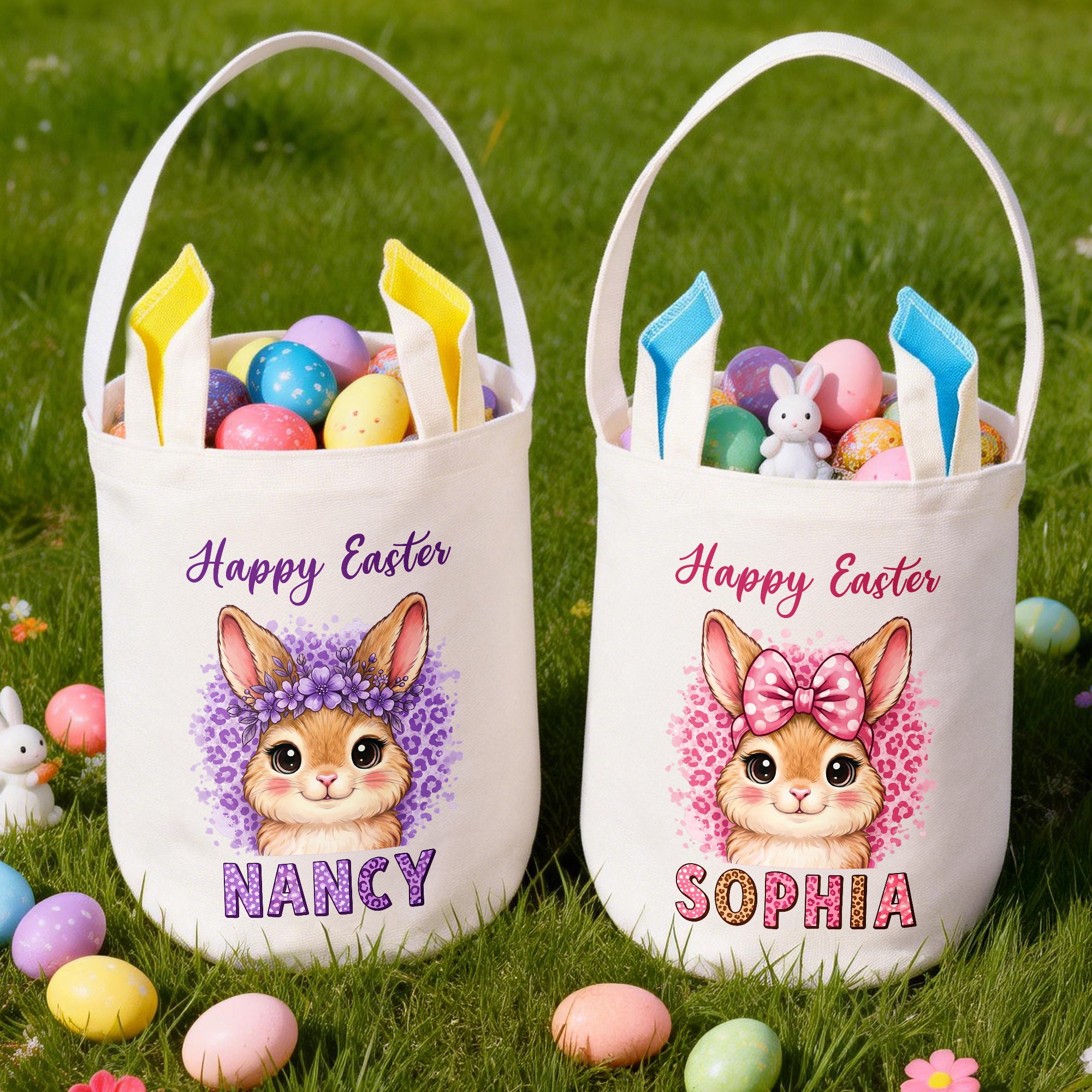 Cesta de Pascua reutilizable con nombre y orejas de conejo Huevos de Pascua personalizados con estampado de leopardo Feliz regalo de Pascua para niños