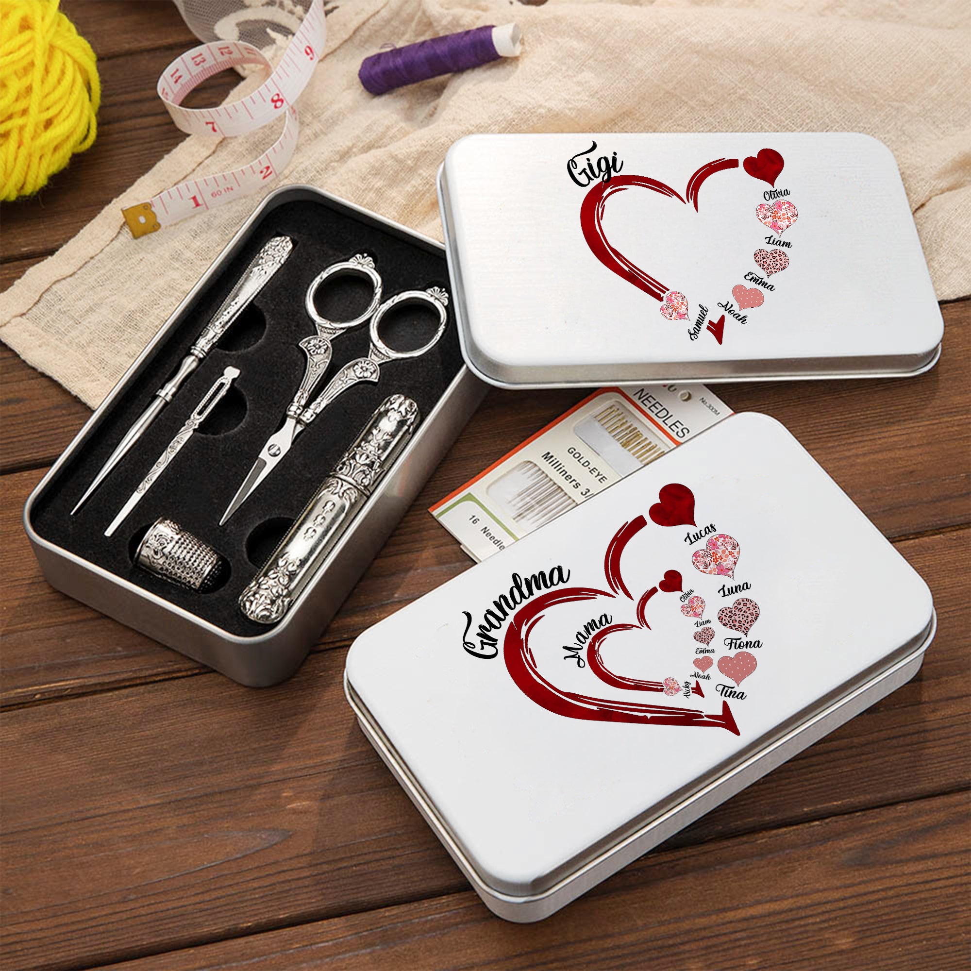 Caja de Estaño Personalizada con Diseño de Corazón Familiar y Juego de 6 Herramientas de Costura con Nombres de Niños Regalo de Cumpleaños de Navidad para Sastre Amante de la Costura