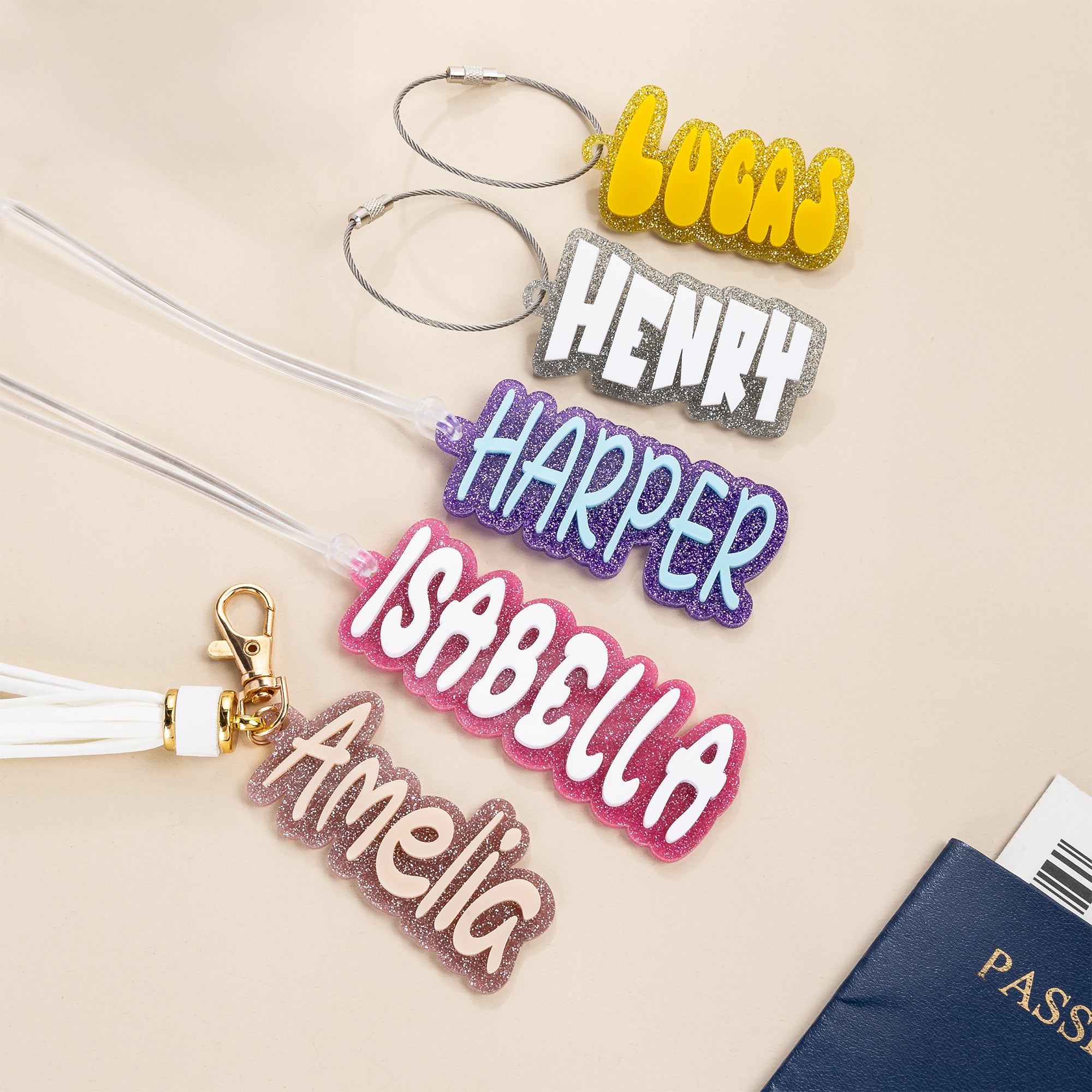 Personalizada Glitter Bolsa de equipaje Mochila acrílico etiqueta de nombre Accesorios de viaje Uso diario Regalo de cumpleaños para el viajero Estudiante