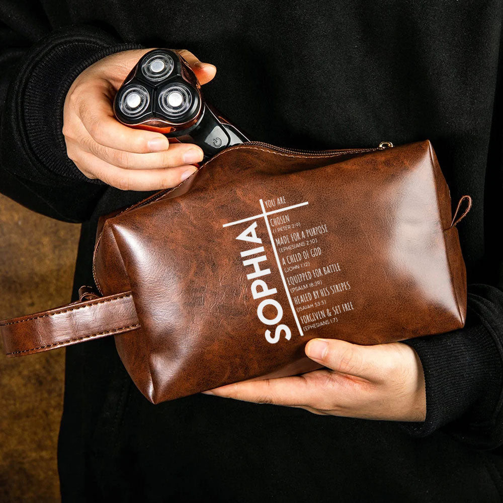 Personalizada Biblia Verso Cruz PU Bolsa de aseo de cuero con nombre de viaje religioso Día del Padre de regalo para los hombres