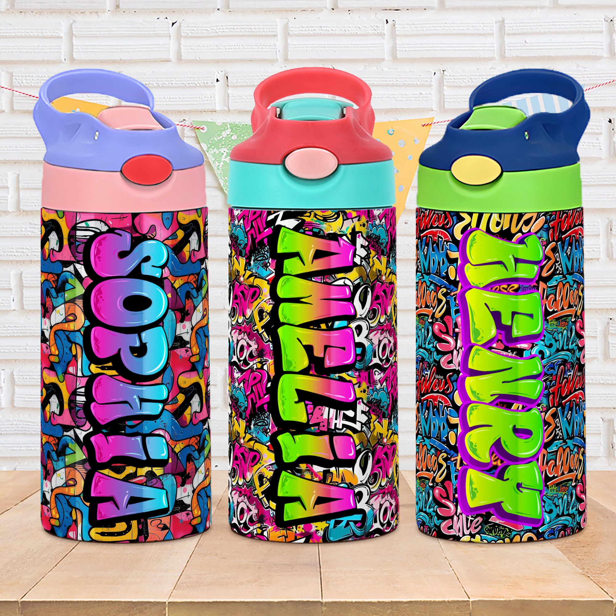 Botella de agua isotérmica con pajita y asa personalizada con nombre de graffiti 12 oz Regalo de cumpleaños de vuelta al cole para niños Adolescentes Estudiantes