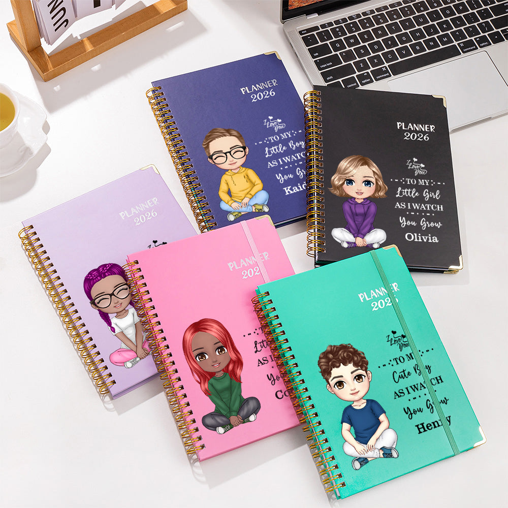 Planificador personalizado I Love You Cartoon Boy Girl Name 2026 Cuaderno espiral A5 con páginas semanales, mensuales y planificadoras Cumpleaños Año Nuevo Regalo para niños