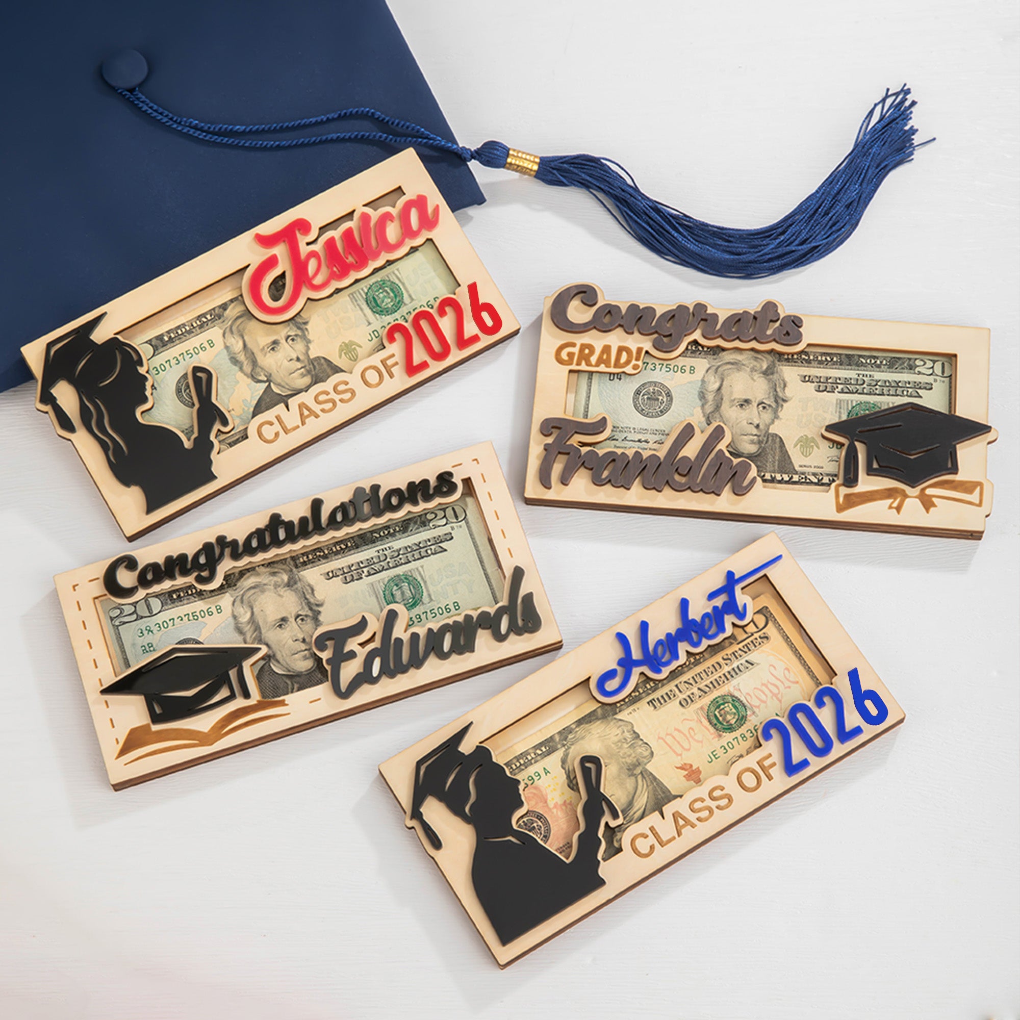 Graduados personalizados Silueta Gorra de Graduación Pergamino Porta Dinero de Madera con Nombre y Año Felicitación Regalo de Graduación para Compañeros de Escuela Amigos