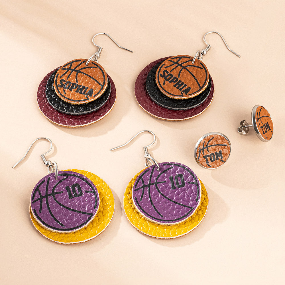 Personalizado Multicolor Baloncesto Simple Doble Triple Capas PU Cuero Stud Dangle Pendientes con Texto Game Day Gift for Basketball Lover Mom
