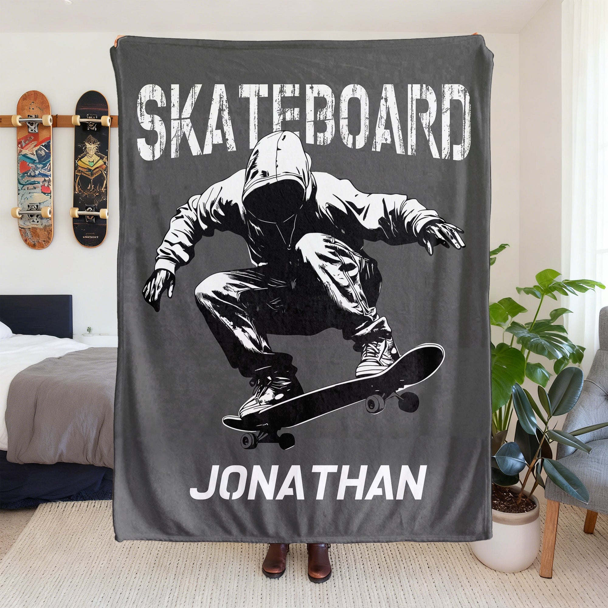 Silueta de monopatín personalizada Manta suave con nombre Decoración del hogar Regalo de cumpleaños de Navidad para la familia Amigos Niños Adolescentes