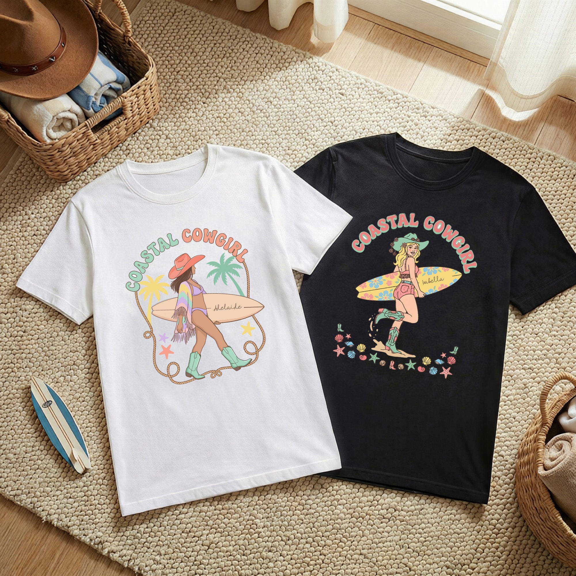 Personalizada Multicolor Estilo Bohemio Tabla de Surf Vaquera Camiseta 100% Algodón con Nombre Fiesta en la Playa Cumpleaños Vacaciones Regalo para Mujeres Niñas