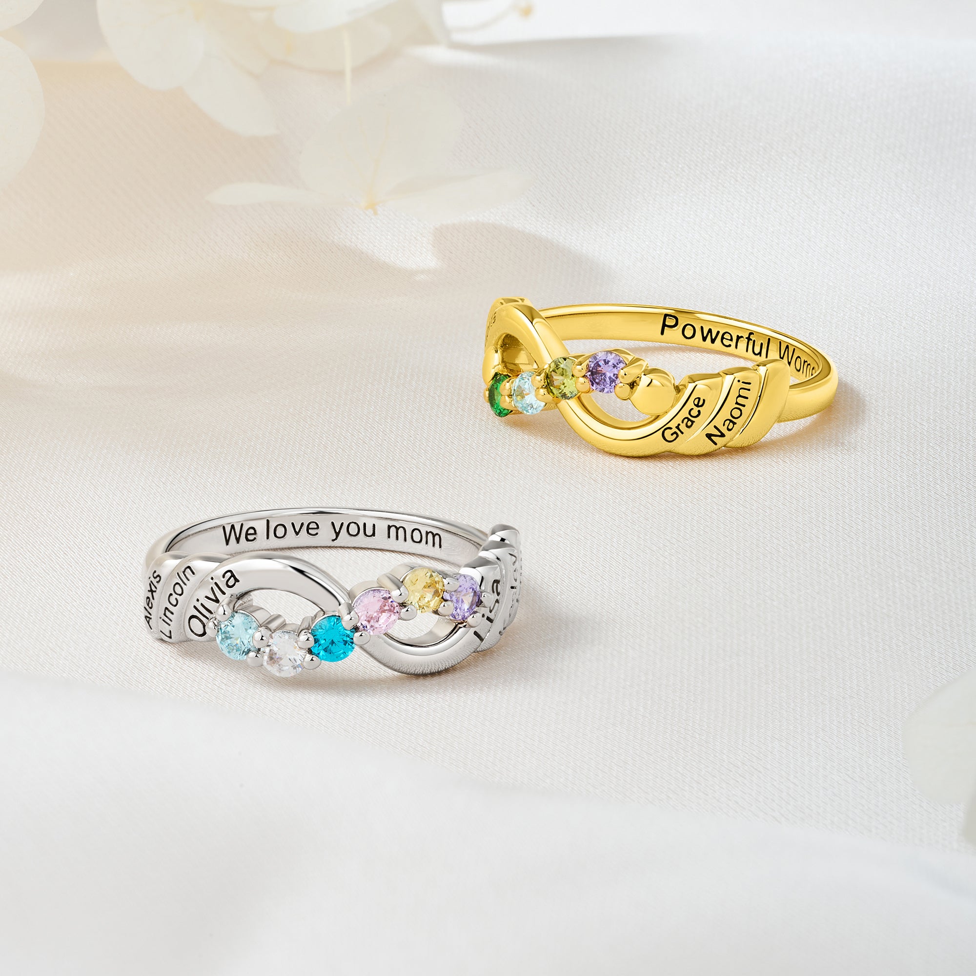Personalizado 1-6 Familia Birthstones Infinito Anillo con nombres grabados Cumpleaños Aniversario Día de la Madre Regalo para Mamá Mujer