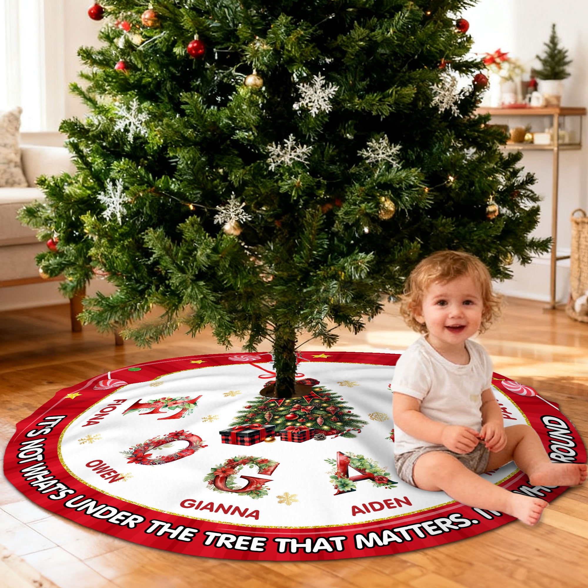 Personalizado copo de nieve de caramelo floral inicial falda del árbol de Navidad con 2-8 nombres de fiesta de vacaciones decoración del hogar de Navidad regalo para la familia amigos