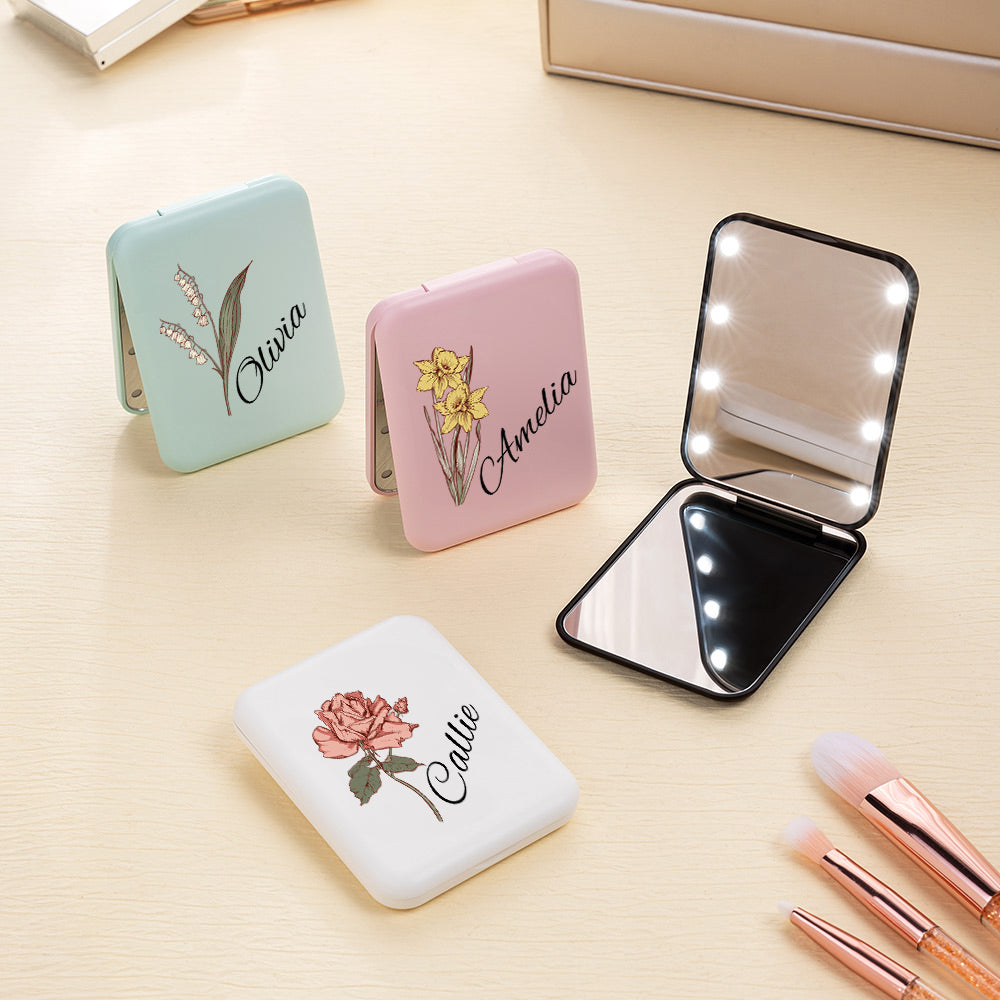 Espejo de maquillaje portátil personalizado de doble cara con luz LED Regalo de cumpleaños para damas de honor Mujeres Niñas