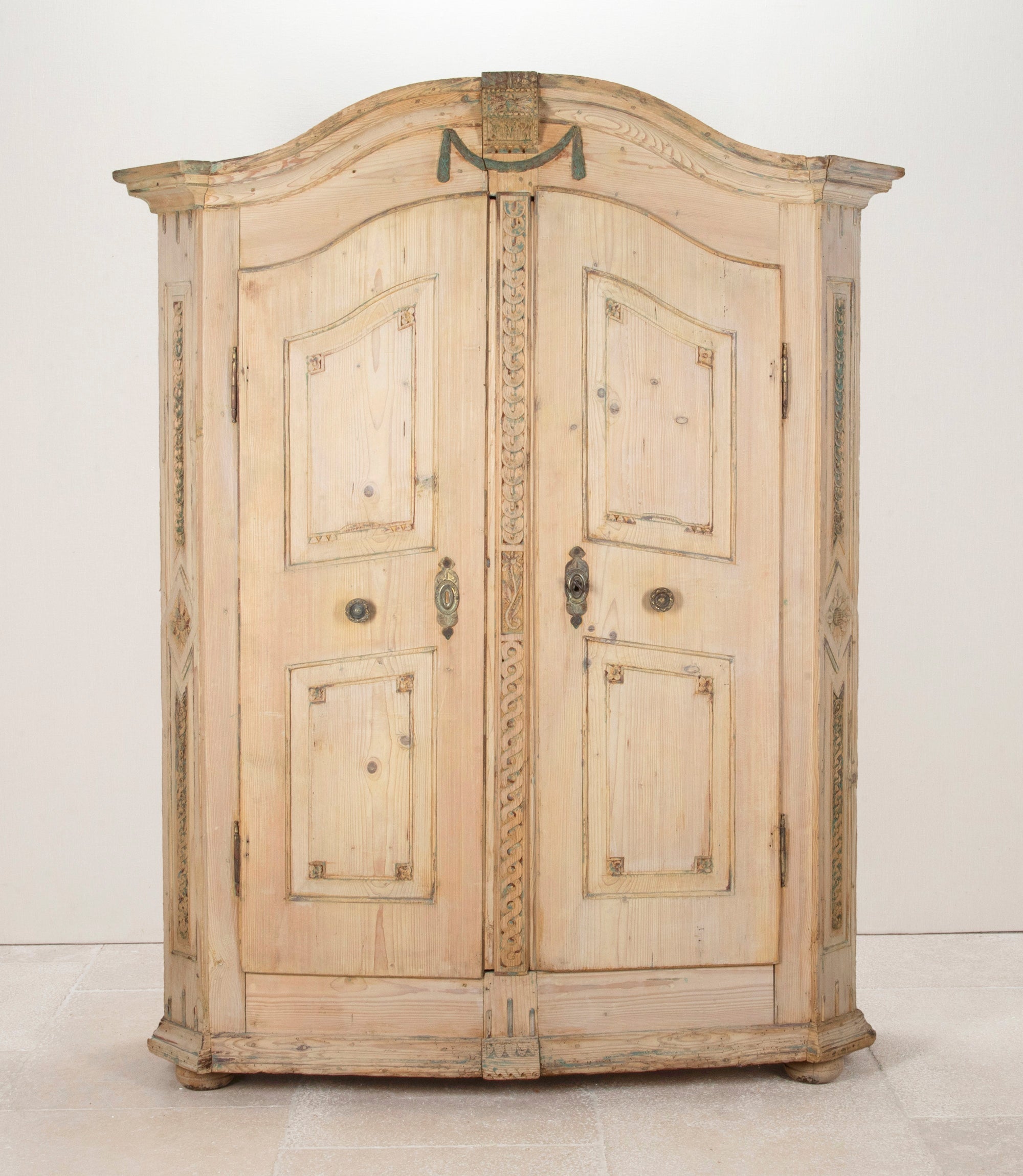 Early 19th Century Alsaitan Painted Pine Bow-Fronted Armoire By Sister Parish Design