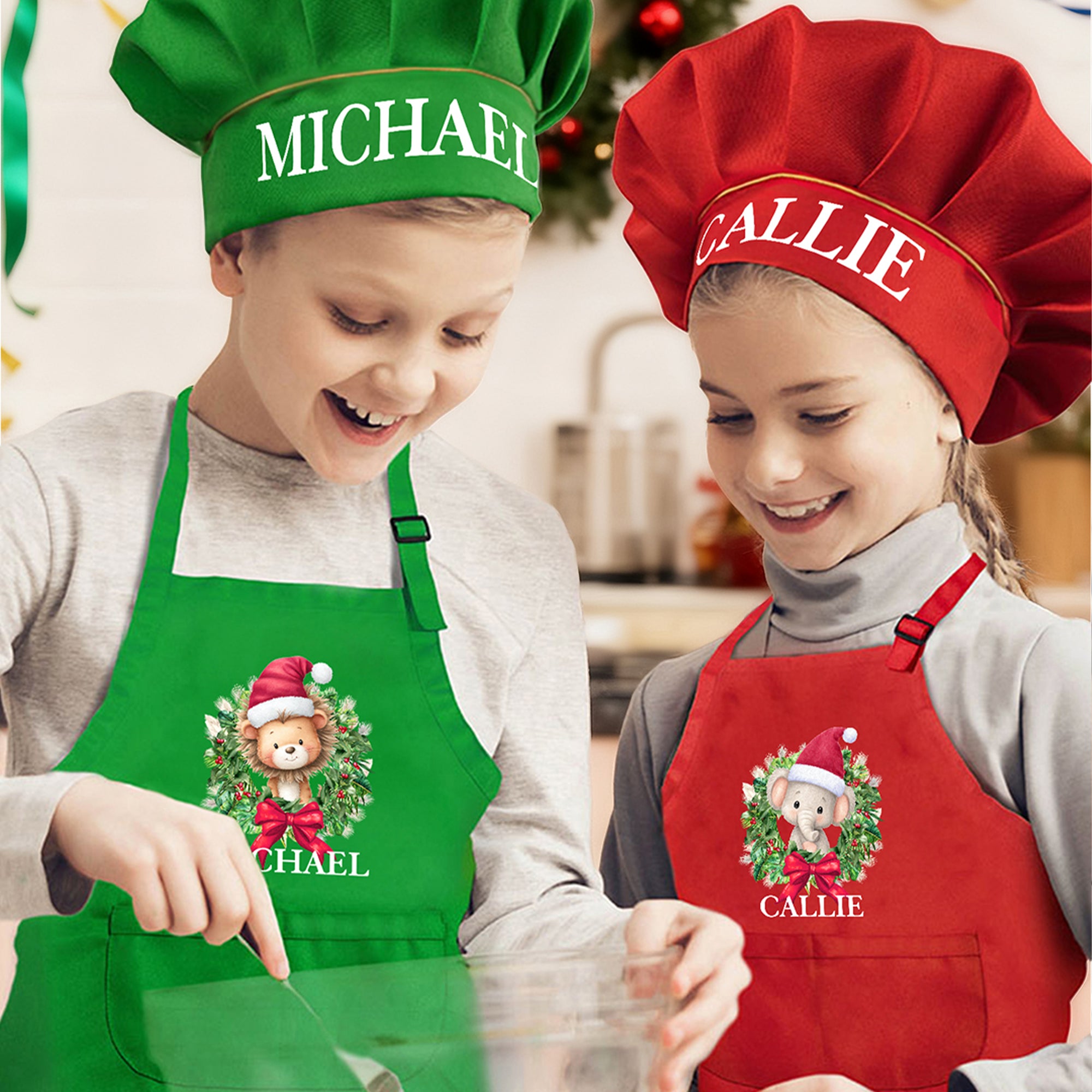 Guirnalda de Navidad personalizada Dibujos animados Animales Delantal para niños Set de gorro de cocinero con nombre Navidad Día del niño Cumpleaños Regalo para niños Niñas