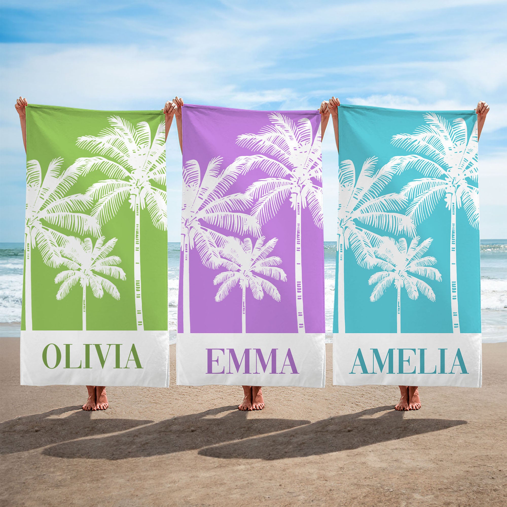 Toalla de playa de secado rápido personalizada con nombre Palmera fresca Regalo de cumpleaños de fiesta en la playa para mujeres y niñas