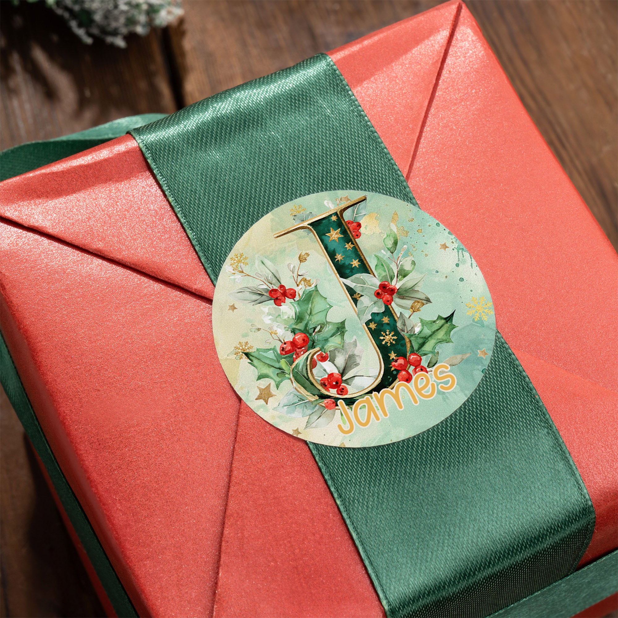 Personalizado Holly Initial Etiquetas adhesivas impermeables con nombre Regalo de Navidad para la familia amigo