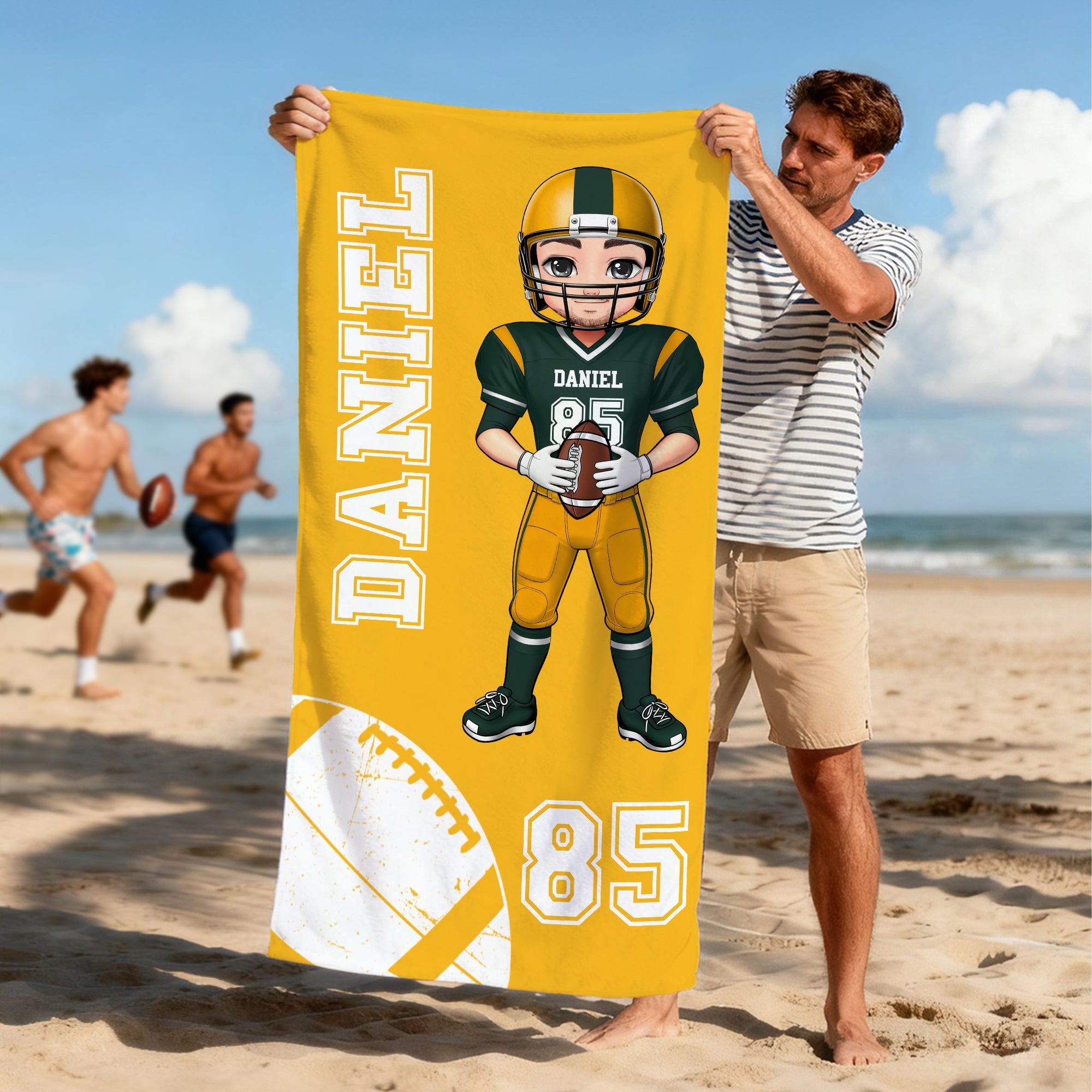 Toalla de playa de gran tamaño, de secado rápido, con nombre y número, personalizada, con dibujos animados de un jugador de fútbol, esencial para los amantes de los deportes de verano