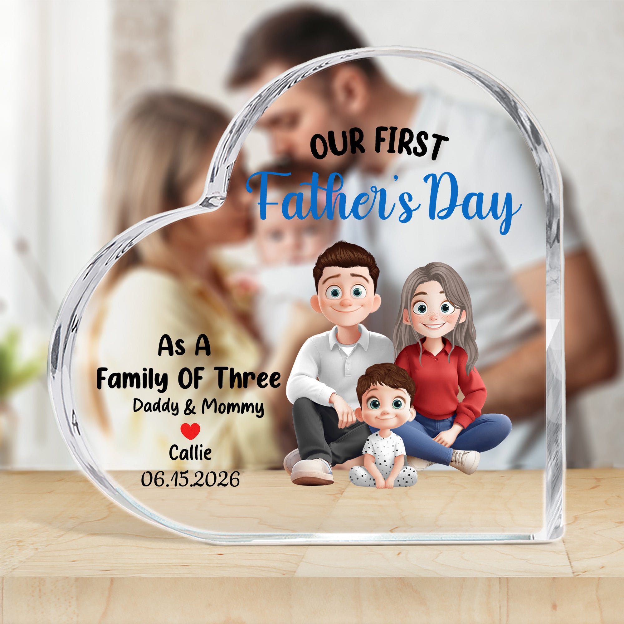 Personalizado Como una familia de tres personajes de dibujos animados Corazón cuadrado Placa de acrílico con nombre y fecha Decoración para el hogar Día del Padre Regalo para la familia