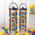 Botella isotérmica personalizada con nombre de bloques de colores, pajita plegable y asa Regalo de cumpleaños para niños para la vuelta al cole