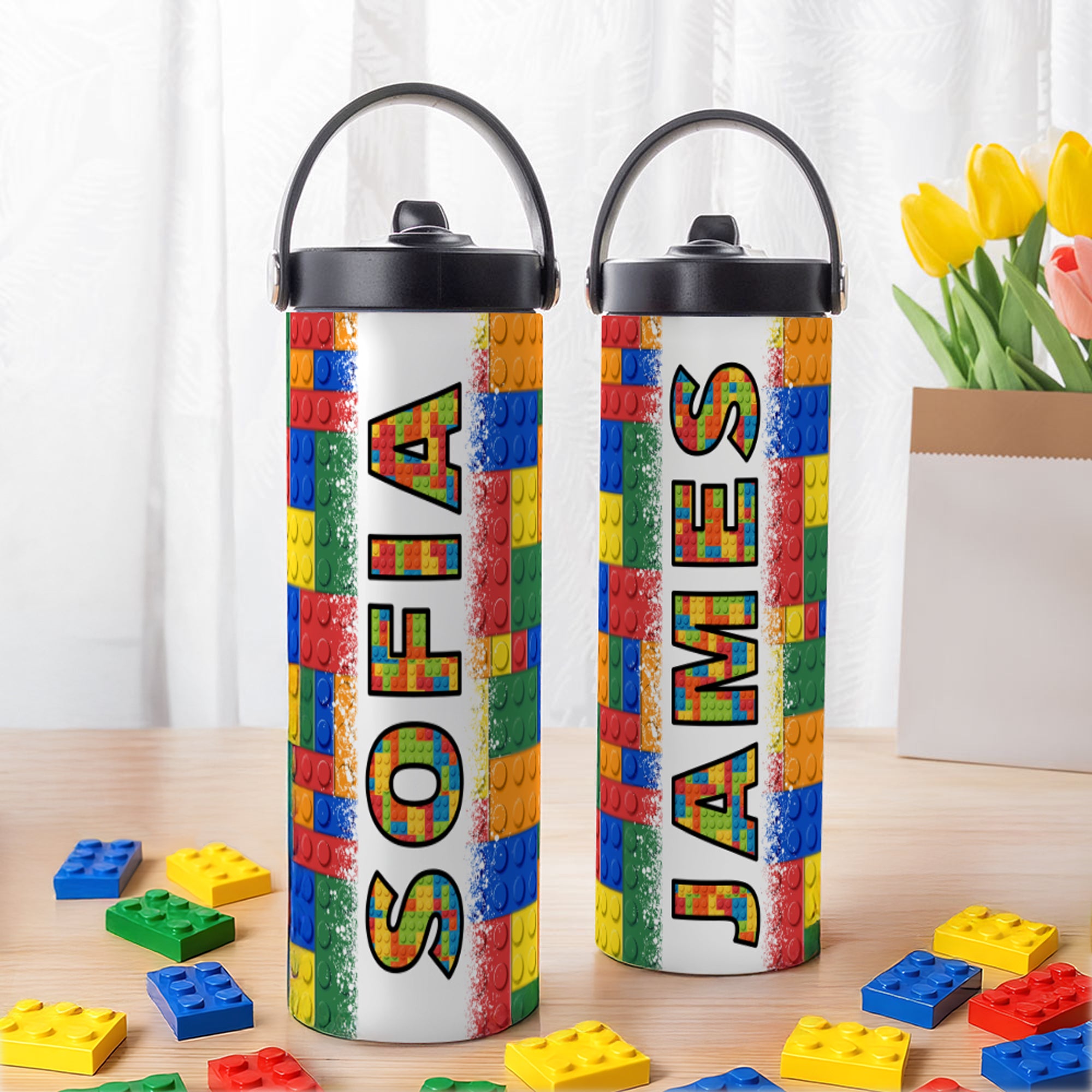 Botella isotérmica personalizada con nombre de bloques de colores, pajita plegable y asa Regalo de cumpleaños para niños para la vuelta al cole