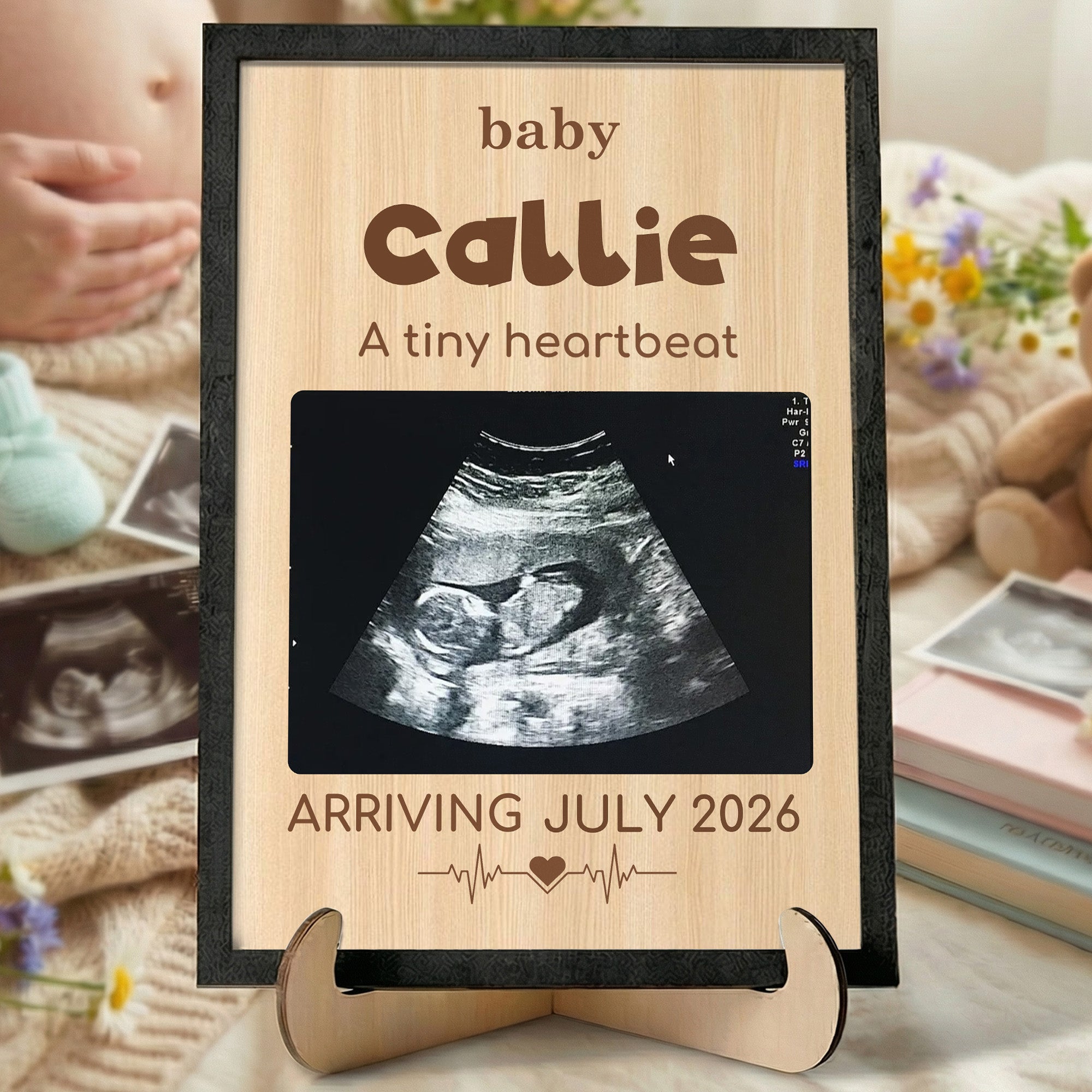 Personalizada bebé ultrasonido foto placa de madera marco signo con nombre fecha texto embarazo revelación baby shower día de la madre regalo para la futura madre