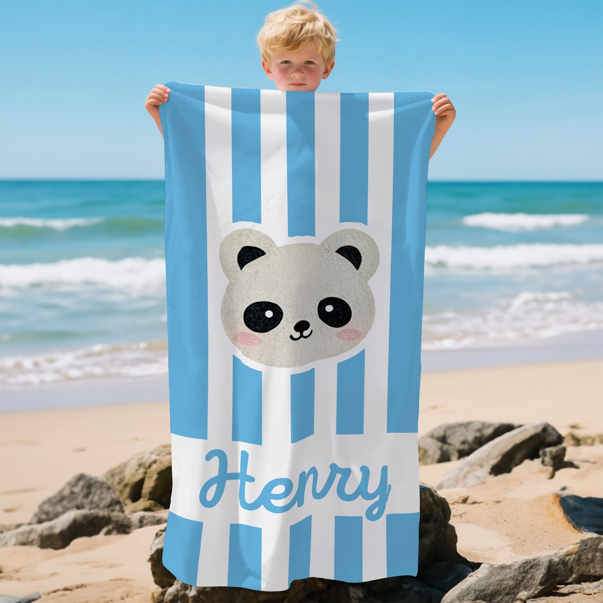 Toalla de playa de secado rápido personalizada con nombre Panda Conejo Animales de dibujos animados Vacaciones de verano Cumpleaños Regalo para niños Niñas