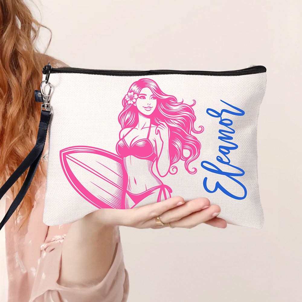 Bolsa de Maquillaje Personalizada de Personajes del Océano Multicolor con Correa de Muñeca Esenciales de Viaje Regalo de Cumpleaños de Dama de Honor para Amante del Surf