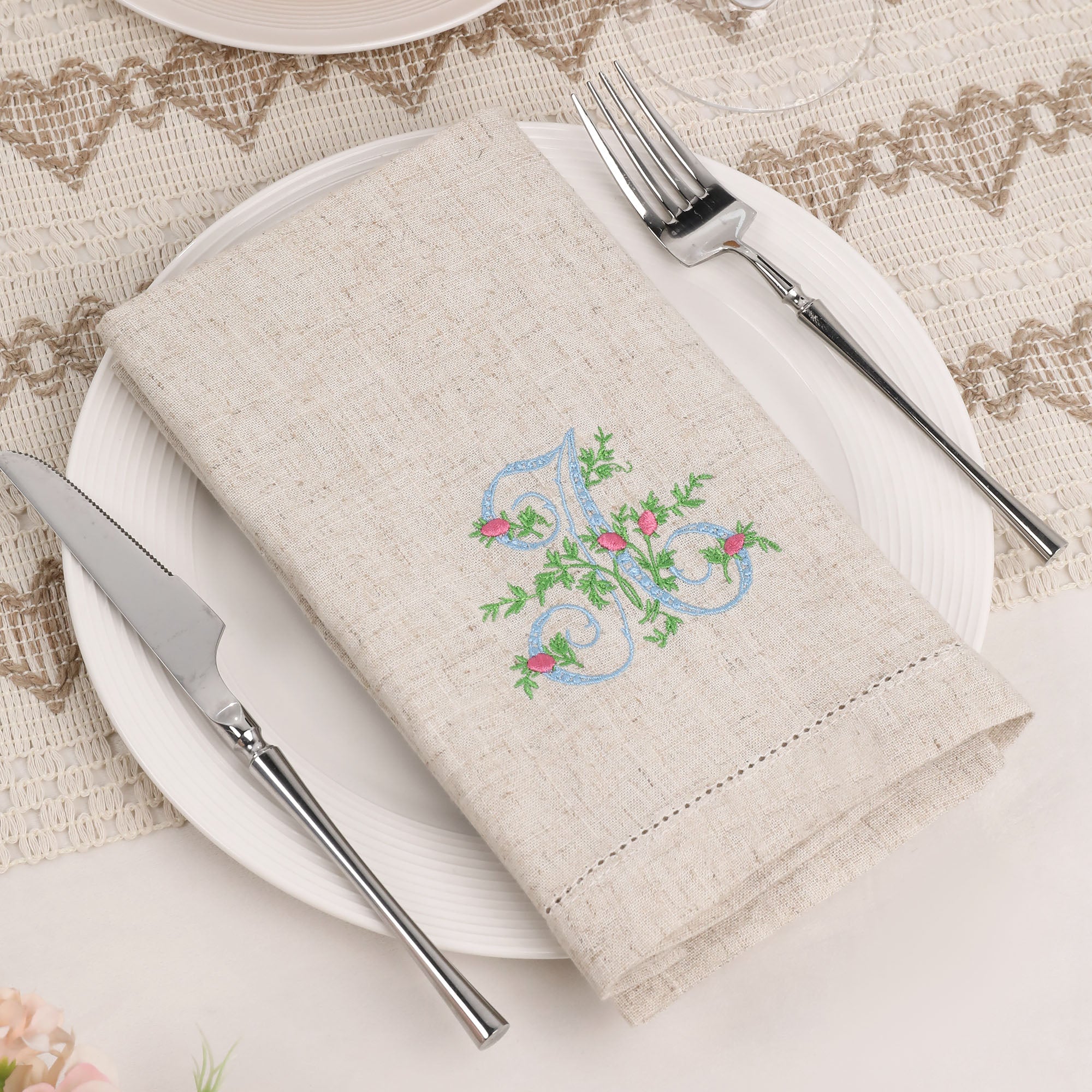 Servilleta de Lino Personalizada Bordada Flor de Primavera Vintage Inicial Decoración de Mesa Despedida de Soltera Boda Fiesta de Té Regalo para Anfitriona Familia Amigo