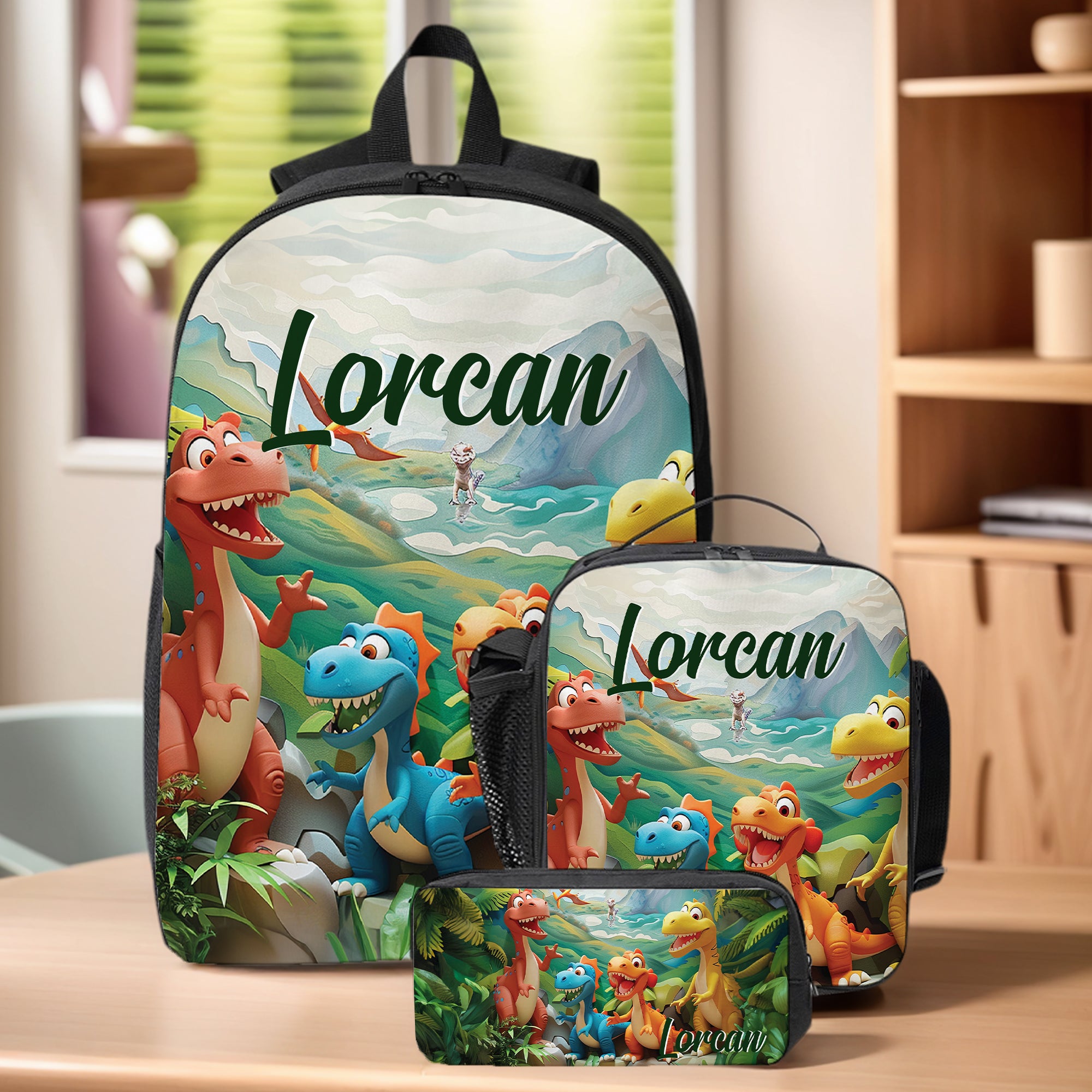 Personalizada de dibujos animados de dinosaurios fantasía unicornio mochila bolsa de almuerzo estuche con el nombre de vuelta a la escuela regalo de cumpleaños para niños niñas