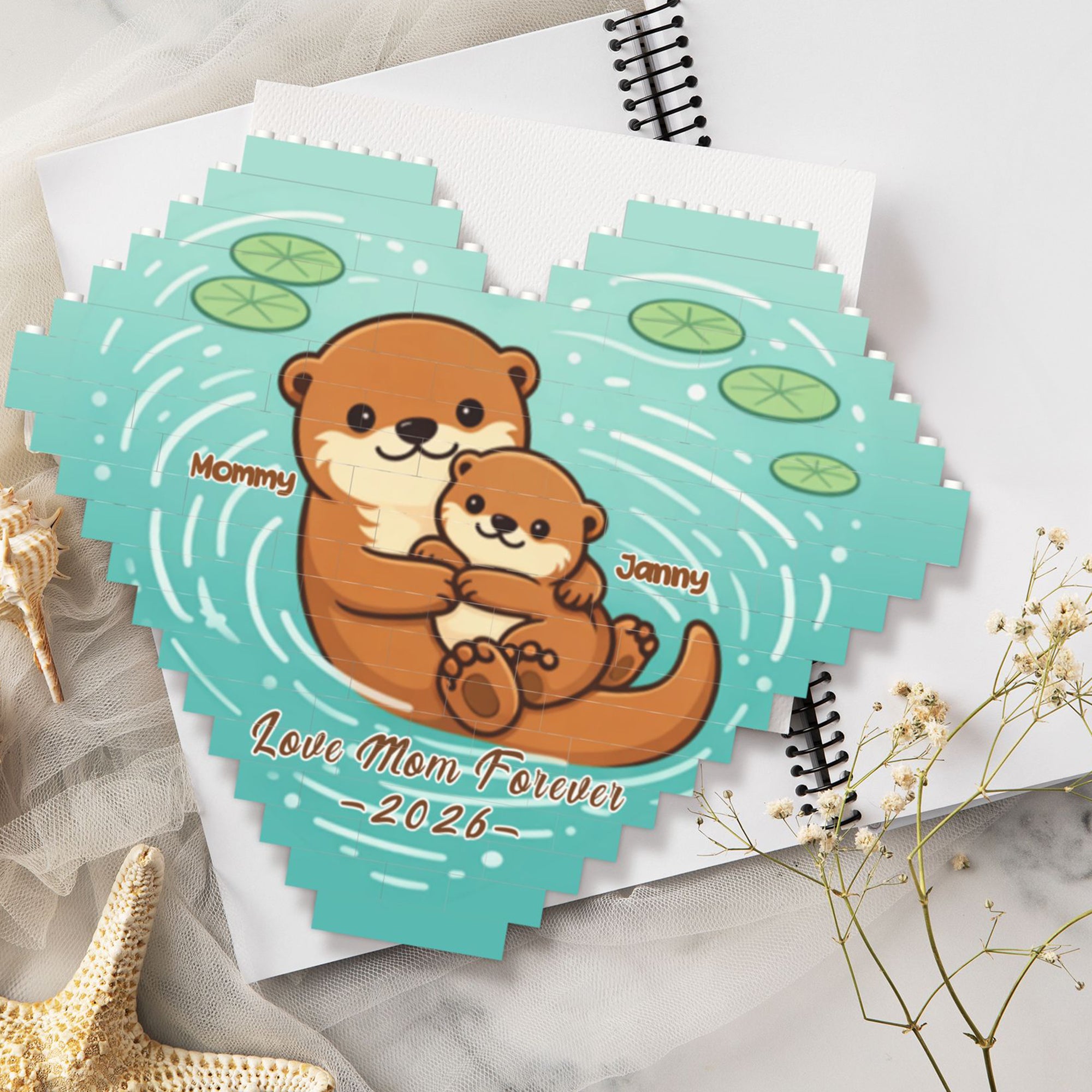 Personalizado de dibujos animados Nutria Corazón de la Familia de construcción de ladrillos rompecabezas con 2-6 nombres de texto y el año Día de la Madre de regalo para mamá Mujer