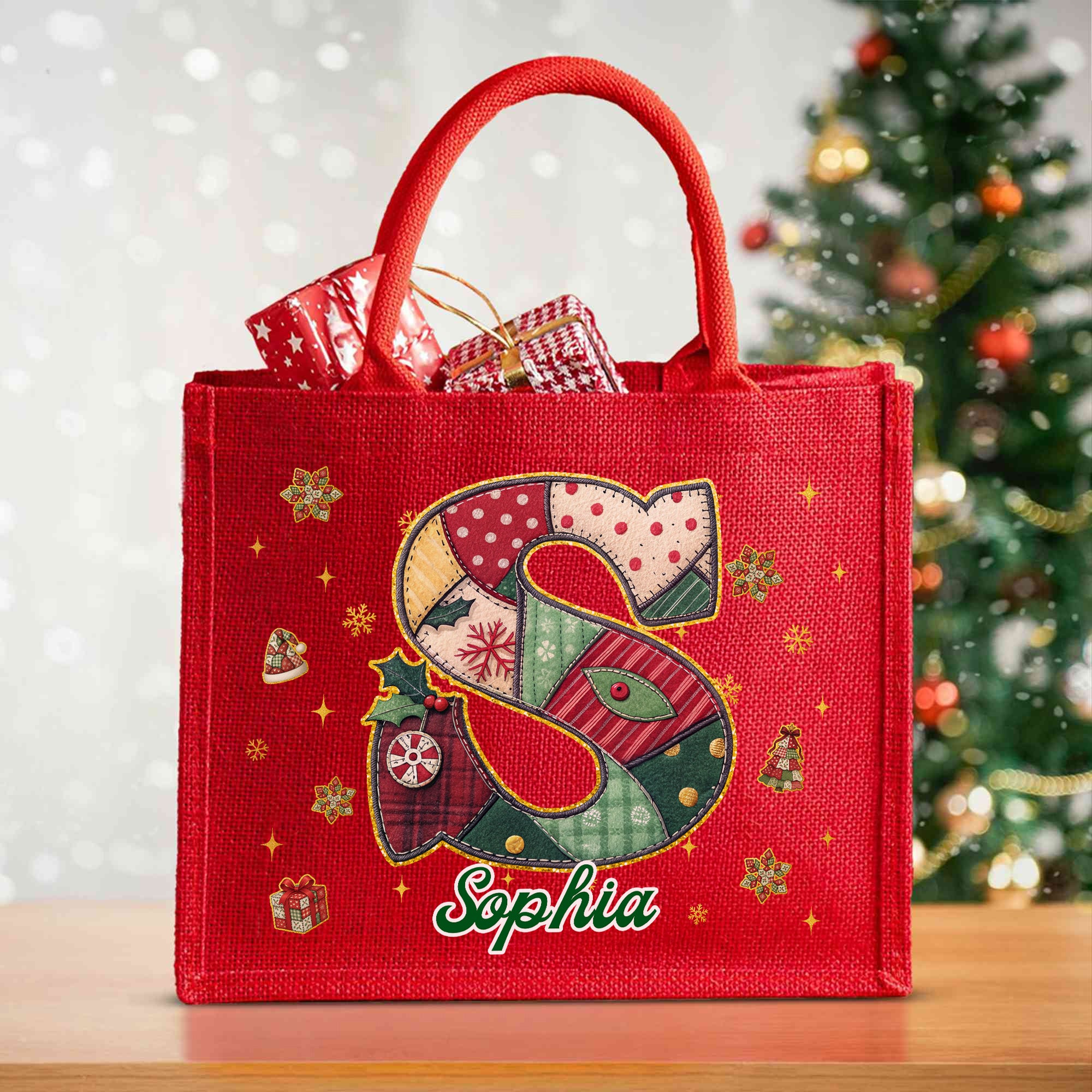 Personalizada Costura Estilo Inicial Gran Capacidad Bolsa de Yute Roja con Nombre Fiesta de Navidad Regalo para Niños Mujeres