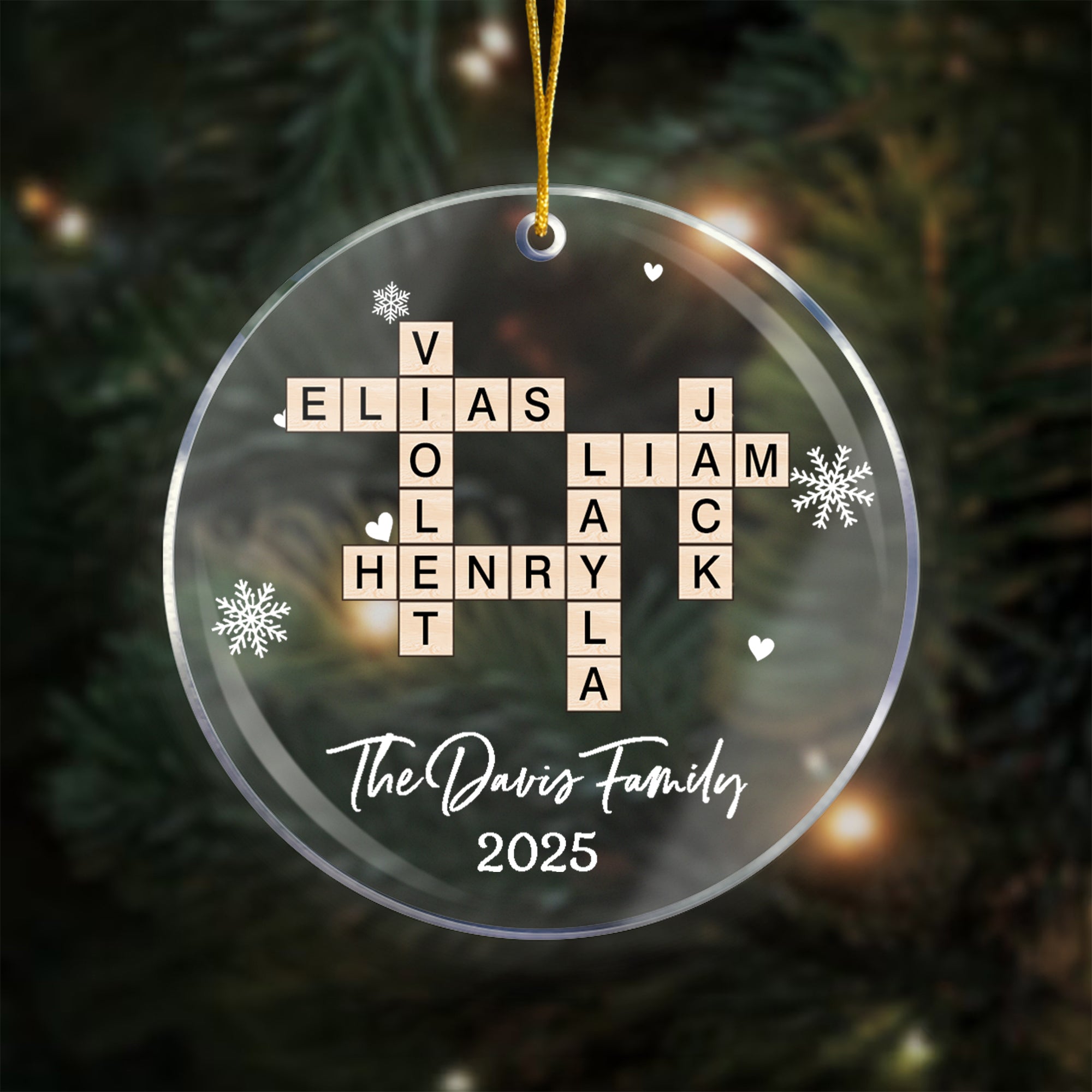 Personalizado copo de nieve Crucigrama Arte Acrílico Adorno de Navidad con el texto y el año Decoración del Árbol del Hogar Regalo de Navidad para Amigos de la Familia