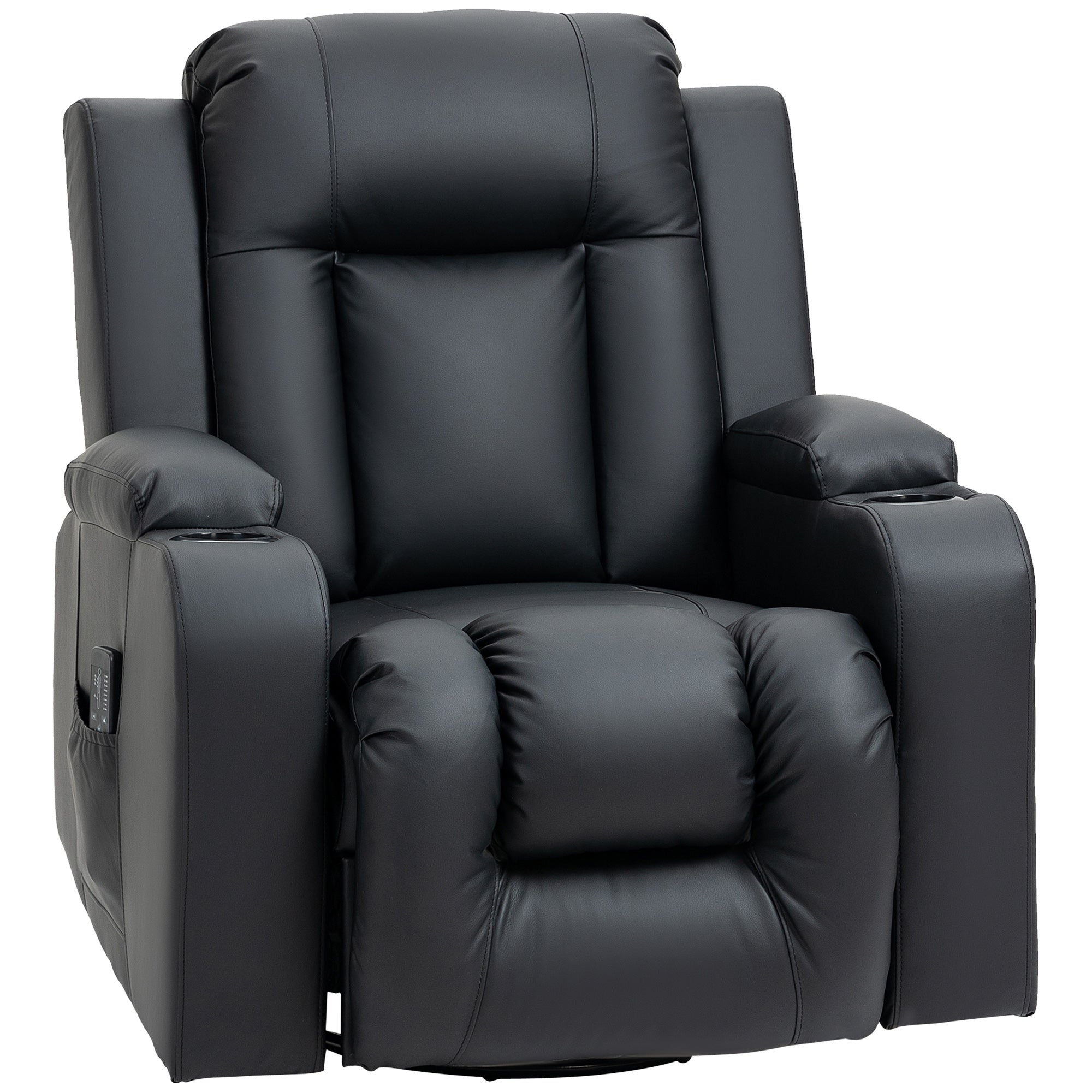 Overstuffed PU Leather Massage Swivel Recliner with Cup Holders Black