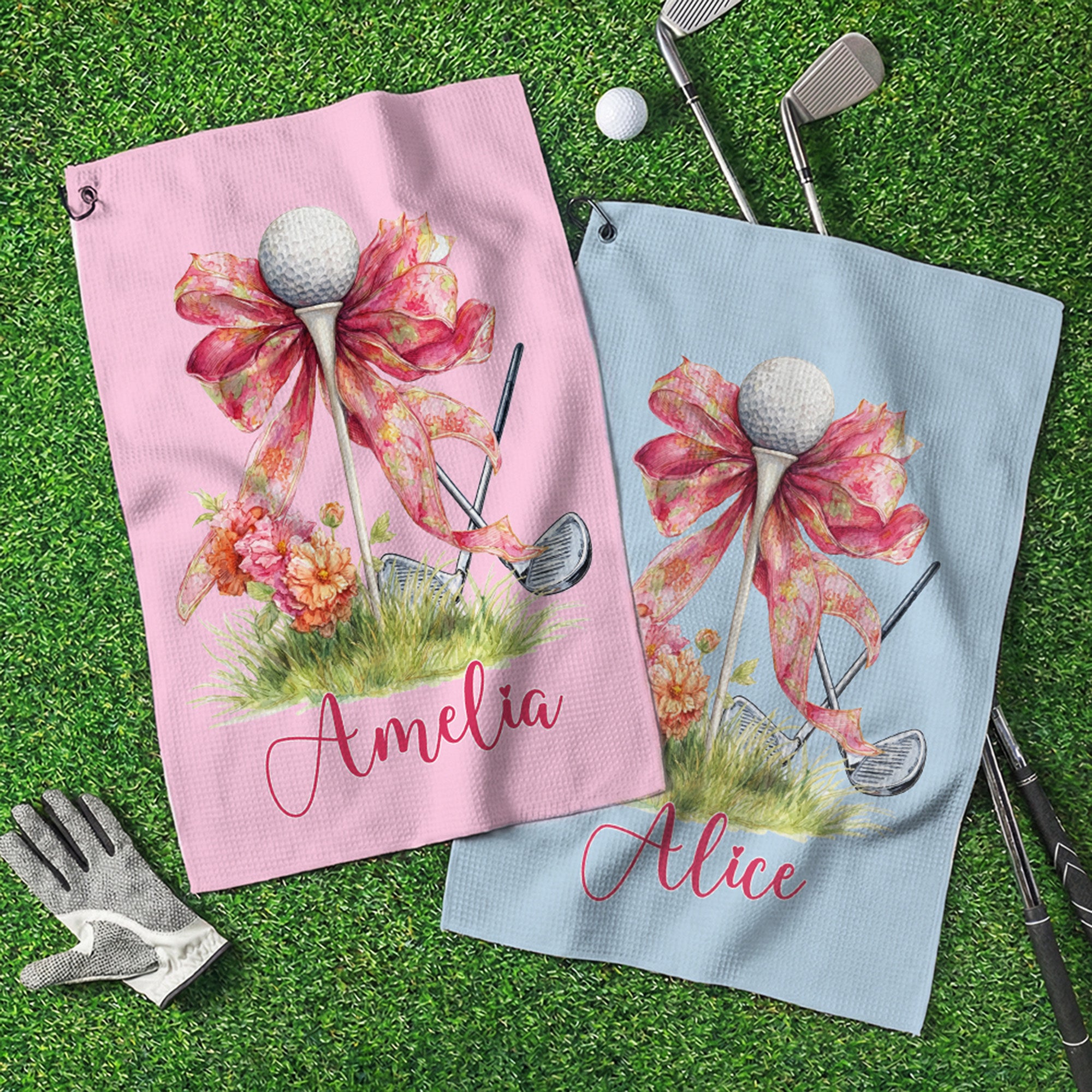 Toalla de golf de secado rápido con lazo floral personalizada con nombre y mosquetón Accesorio de golf Regalo de cumpleaños para jugador de golf
