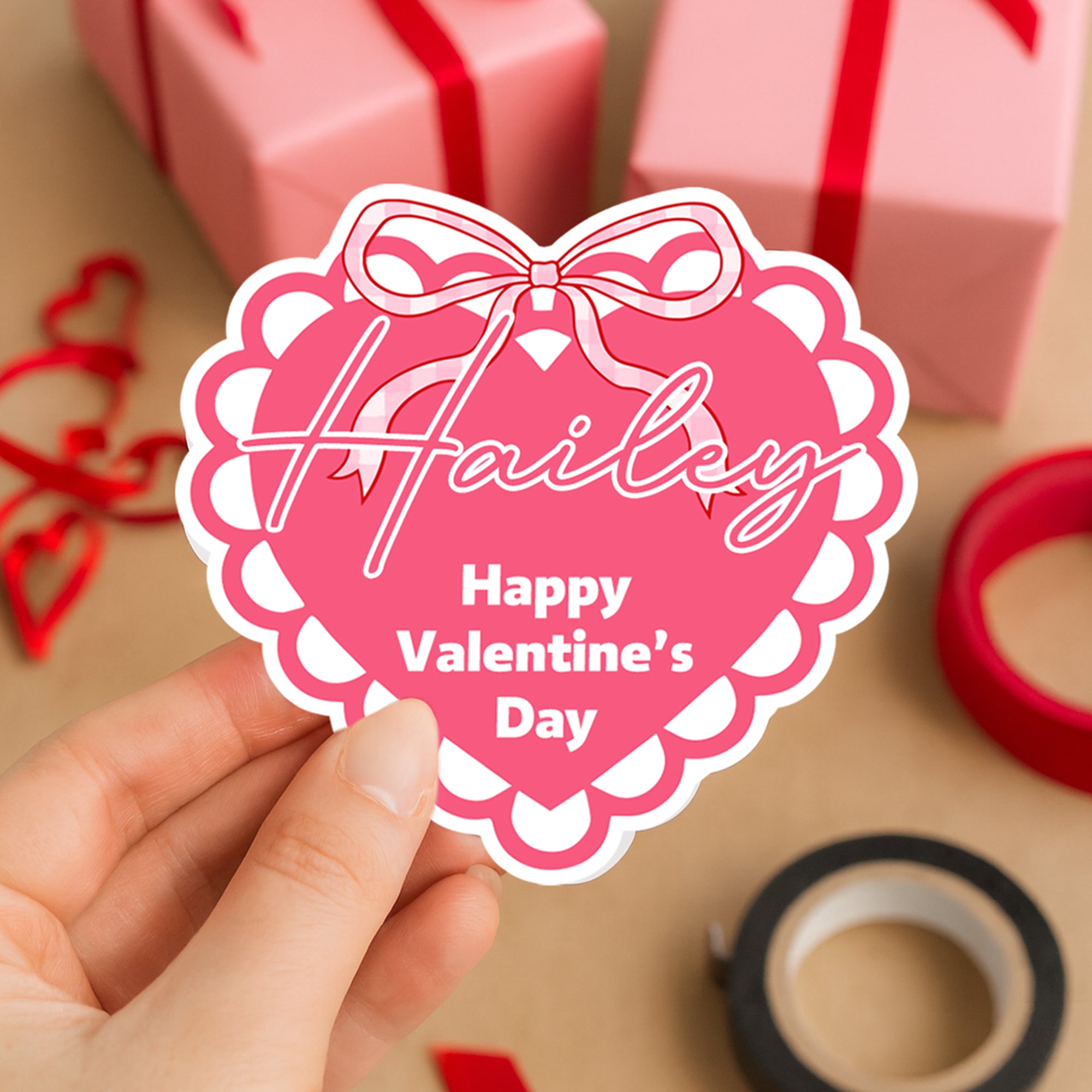 Adhesivos impermeables personalizados con lazo rosa Corazón Feliz San Valentín con nombre Regalo de San Valentín para pareja Mujer