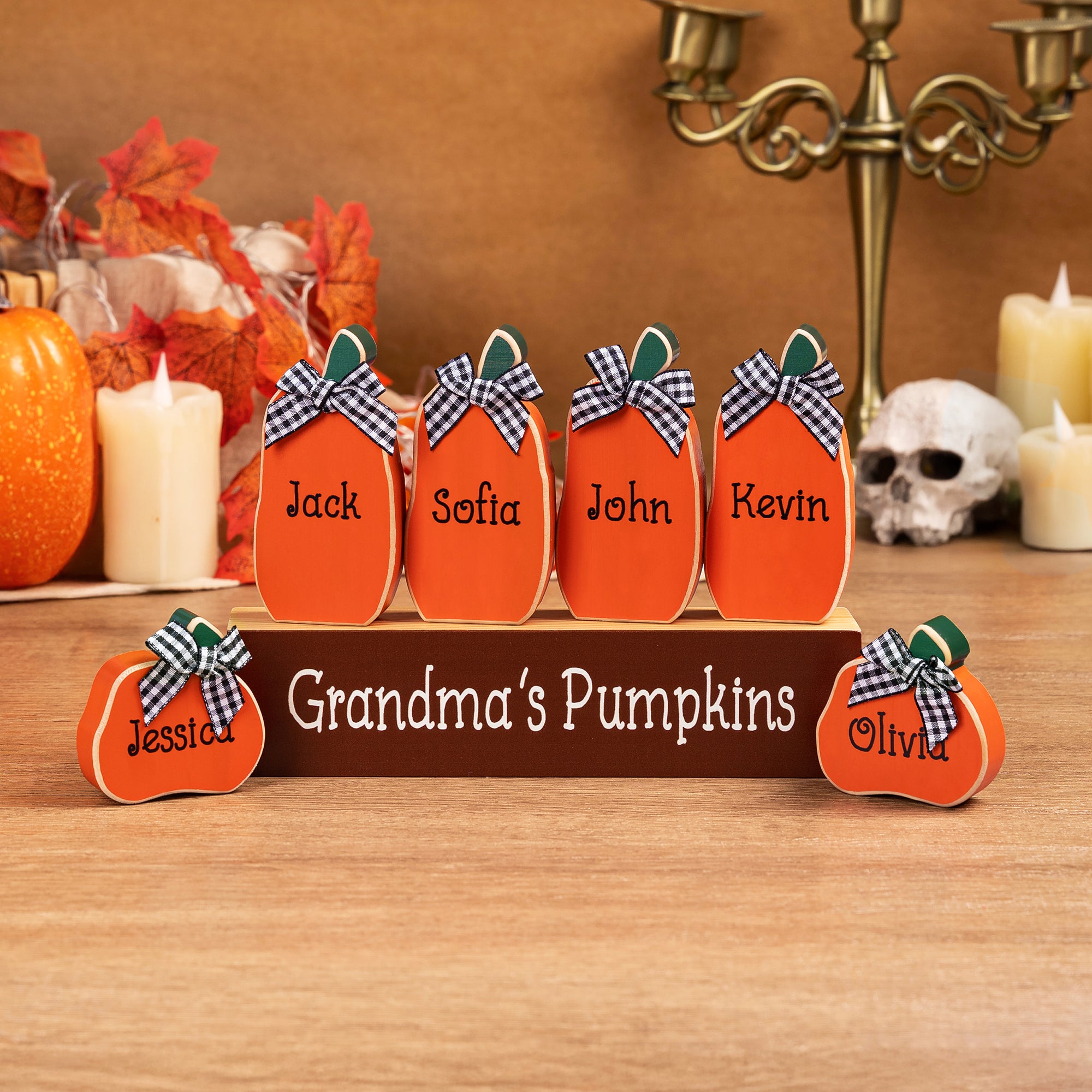 Placa de calabaza con lazo de Halloween de madera personalizada con 1-10 nombres Decoración de otoño Halloween Día de Acción de Gracias Regalo para la familia