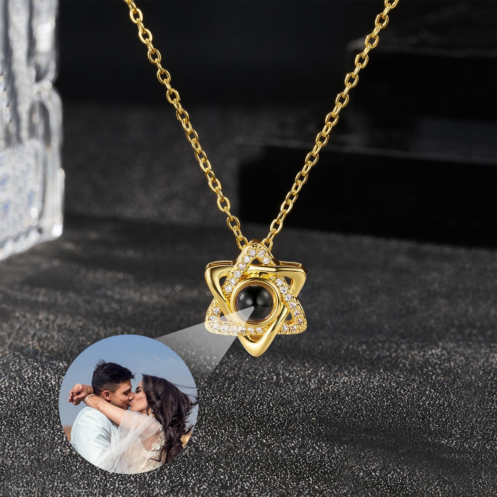 Personalizada Zircon Hexagram Foto Proyección Collar Dainty Joyería Aniversario Cumpleaños Regalo para Mujeres