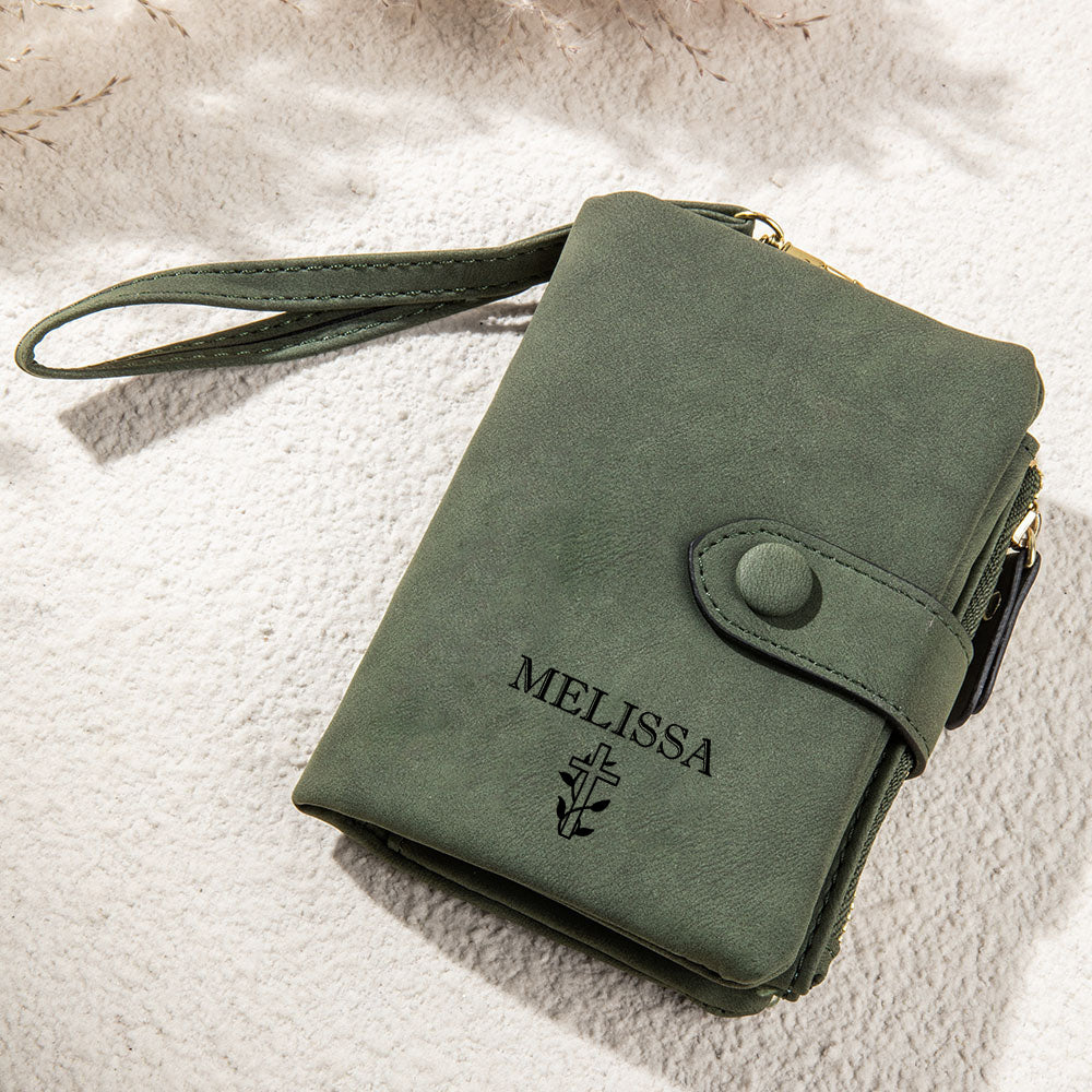 Personalizada Cruz Nombre tríptico de cuero de la PU Cartera con pulsera y titular de la tarjeta de regalo de aniversario para las mujeres cristianas