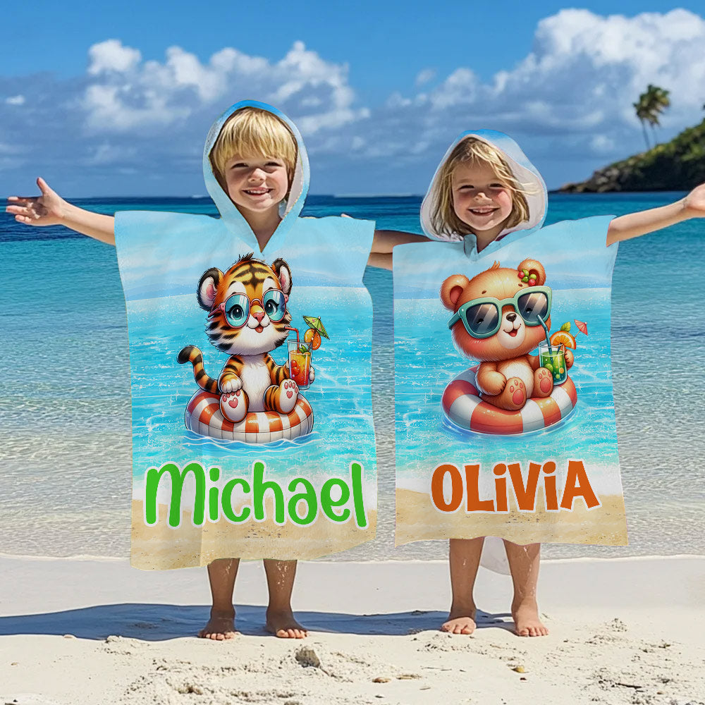 Toalla de playa de secado rápido con capucha y nombre Personalizada de dibujos animados de animales de vacaciones Verano Vacaciones Cumpleaños Regalo para niños