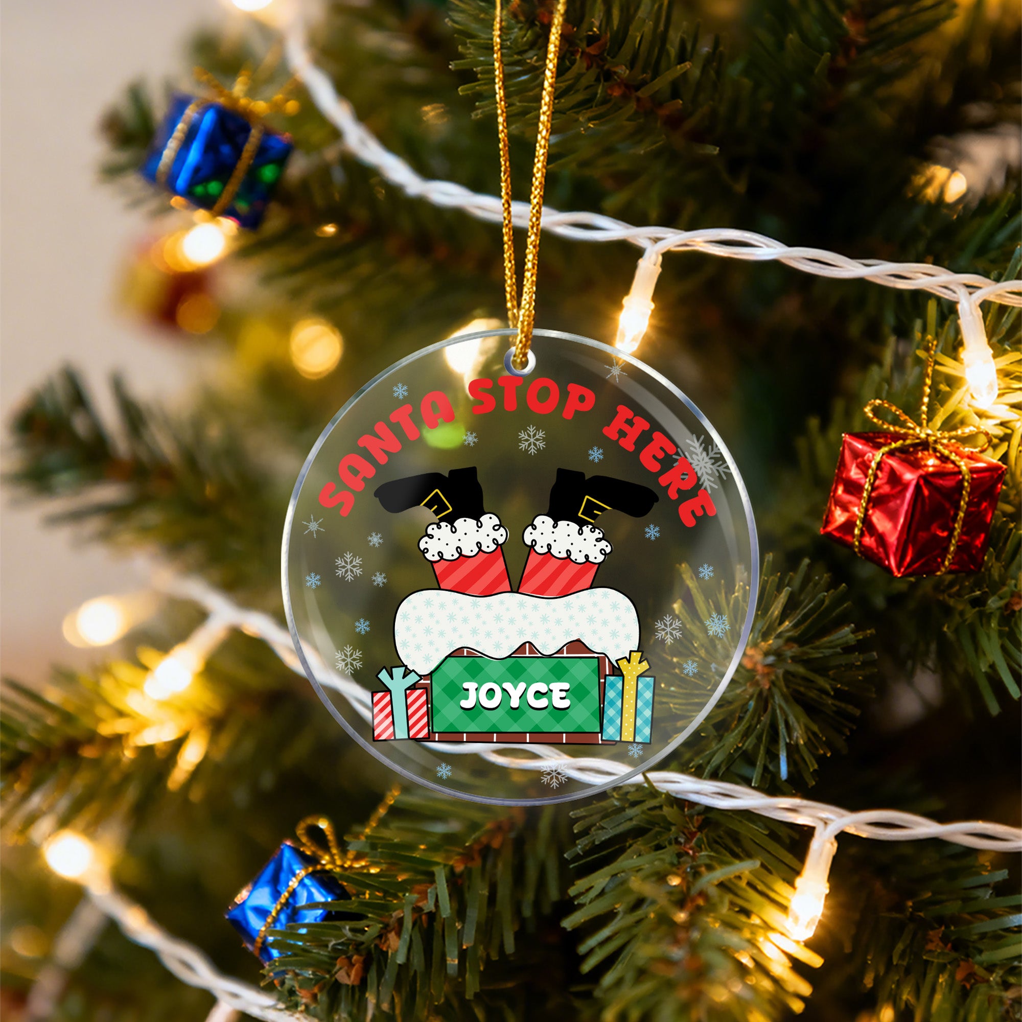 Adorno de Navidad de acrílico personalizado con el nombre Santa Stop Here Snowflake Design Home Decor Regalo de Navidad para la familia