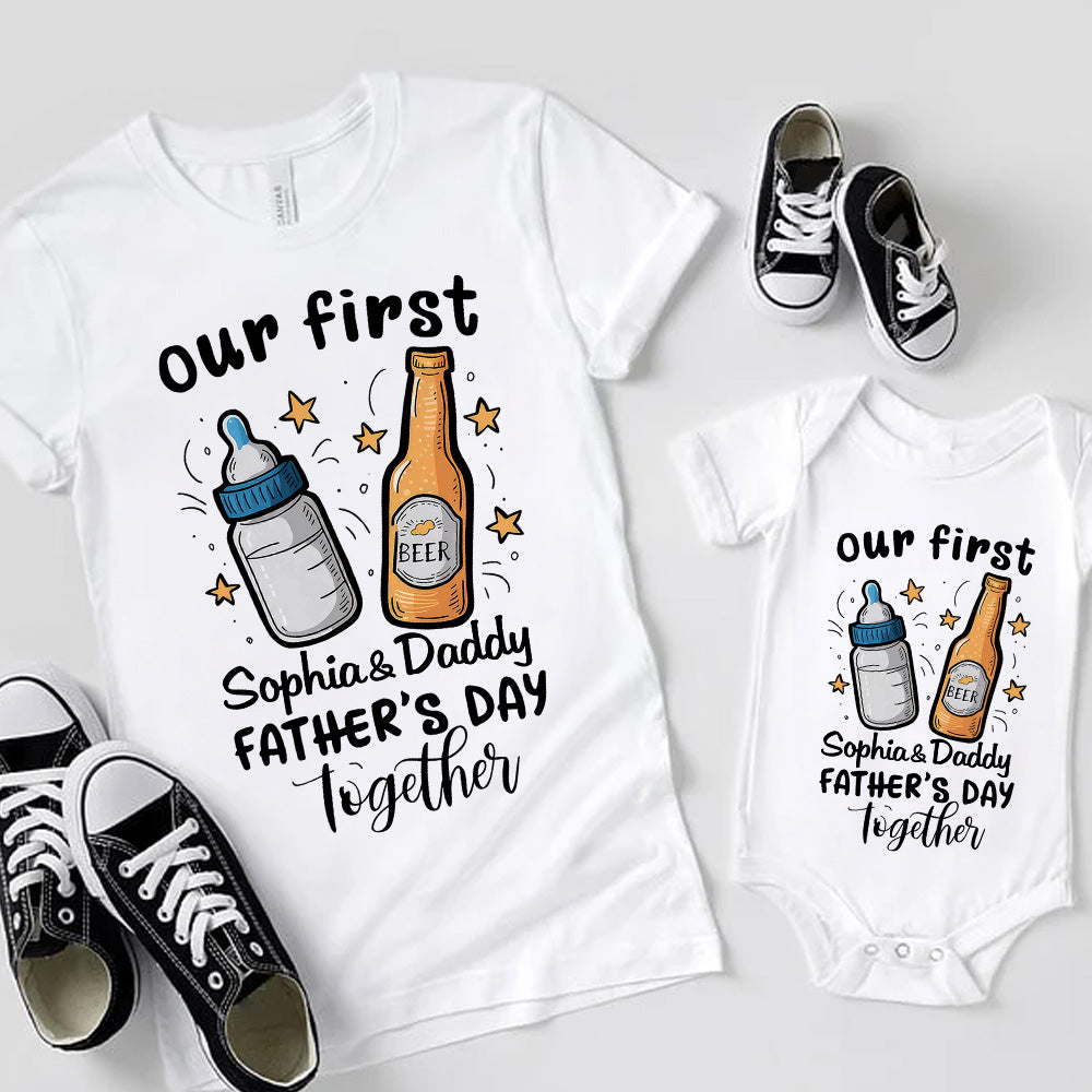 Personalizado Nuestro Primer Día del Padre Botella de Cerveza 100% Algodón Bebé Body Camiseta con Nombre y Año Trajes de Familia Regalo de Cumpleaños para Papá Bebé