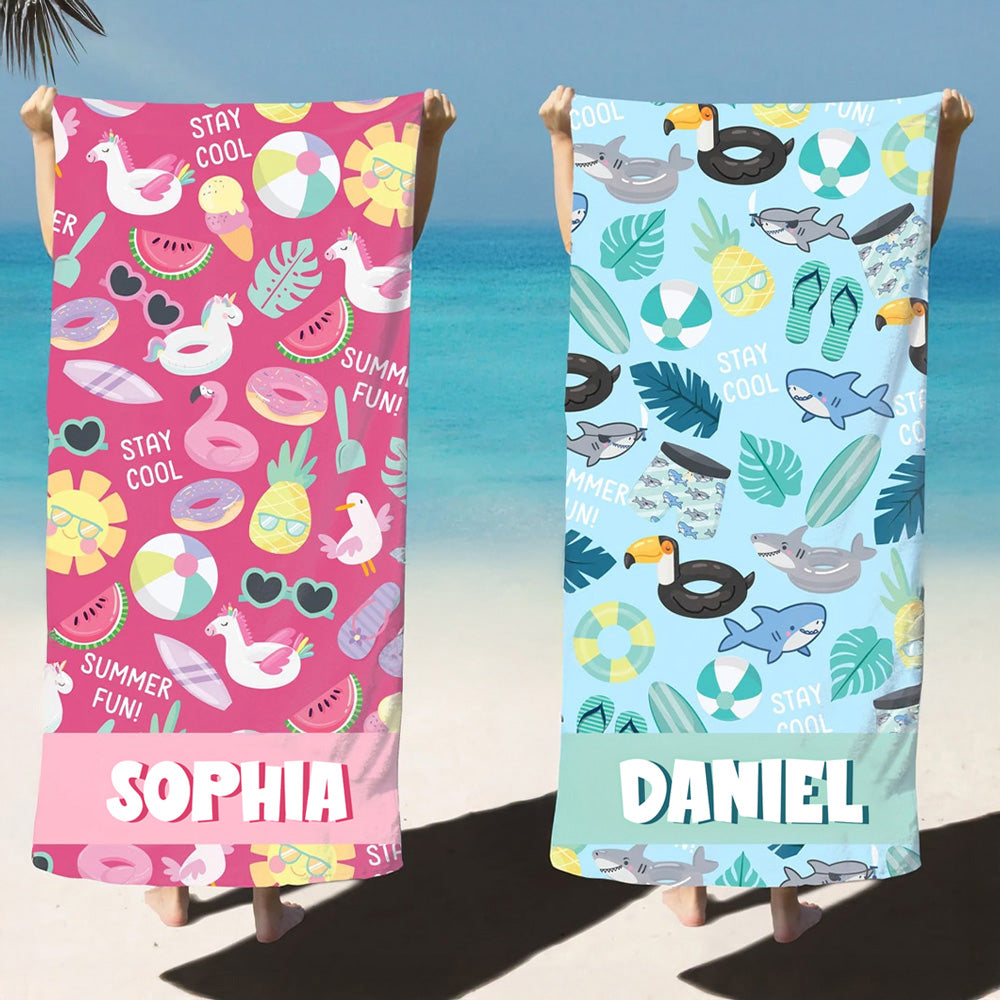Toalla de playa de gran tamaño y secado rápido con nombre, con tema veraniego, personalizada Accesorios de viaje Regalo de vacaciones para niños
