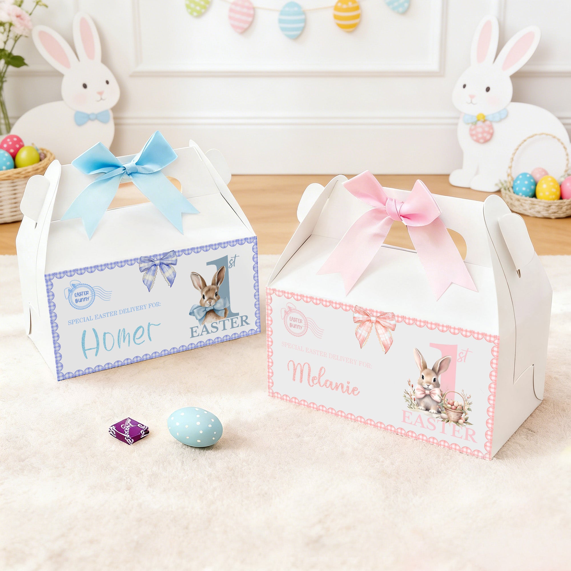 Conejito de Pascua personalizado Caja de regalo con lazo con asa y nombre Fiesta de Pascua Regalo para niños Niñas